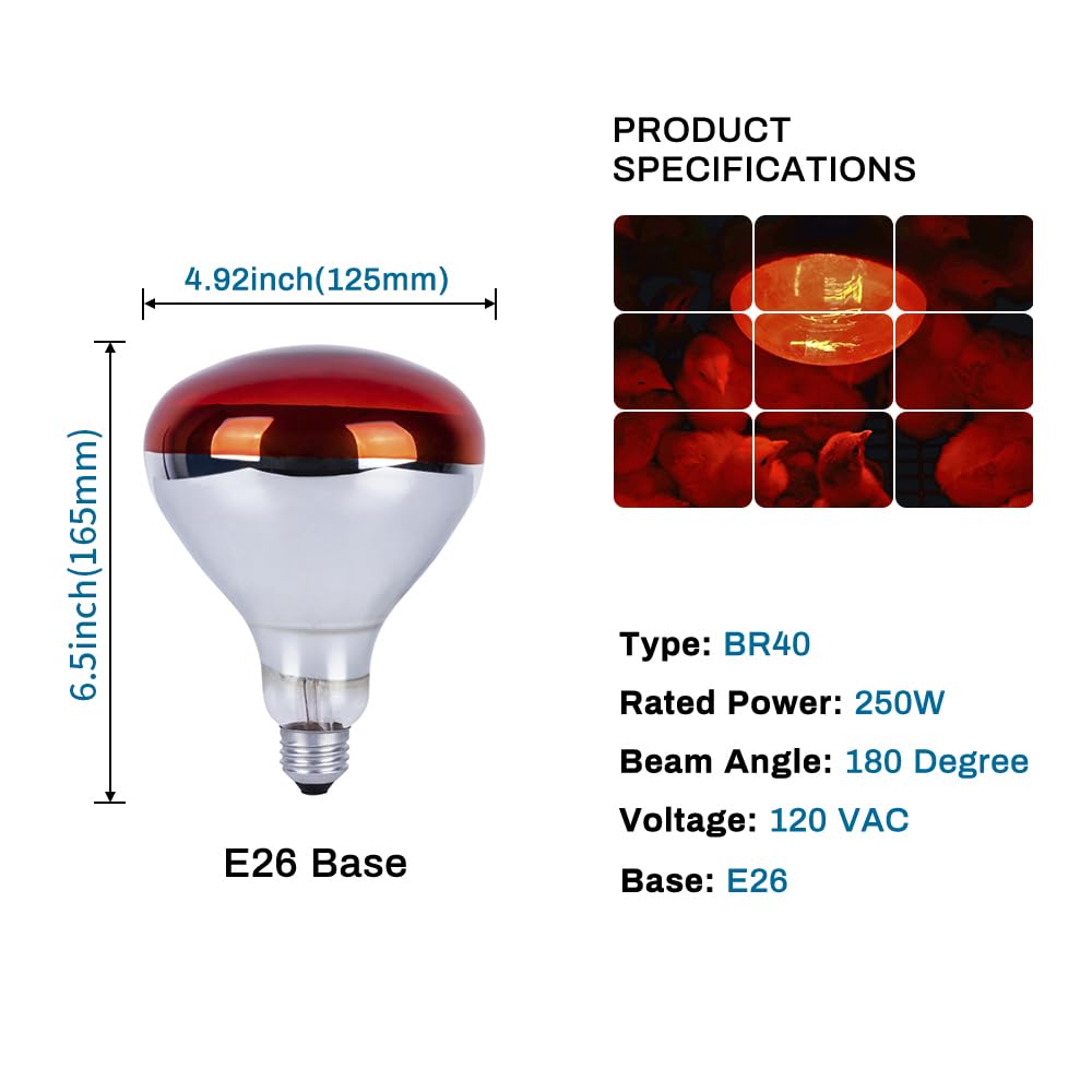 4 Pack 250W R40 Infrared Heat Lamp Bulbs - Brooder Heat Lamps for Chickens, Pet Heating, Light Therapy - Perfect for Poultry Coops, Reptile Terrariums, Bathroom Heating & Food Warming