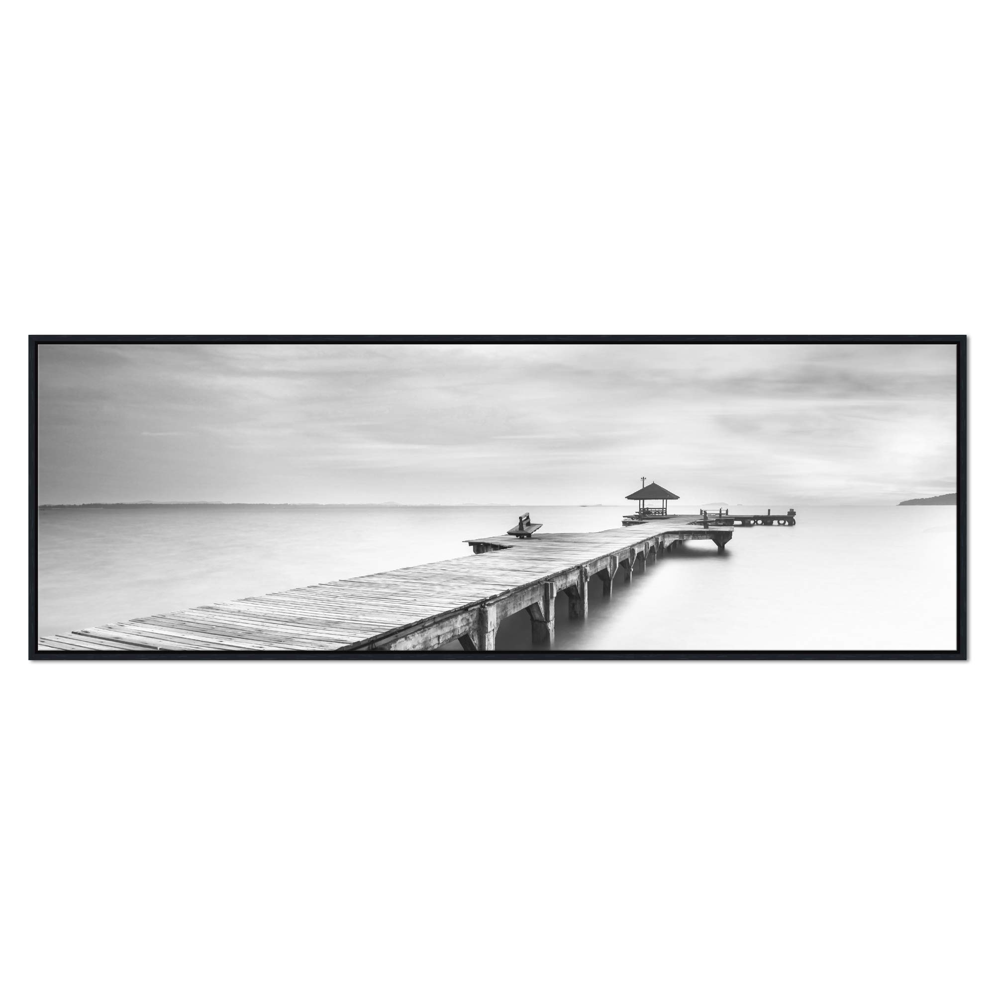 Pyradecor Black Framed Large Black & White Peace Ocean Bridge Canvas Print - Modern Seascape Wall Art for Living Room, Bedroom & Office Decor - Perfect for Coastal, Minimalist & Contemporary Home Interiors