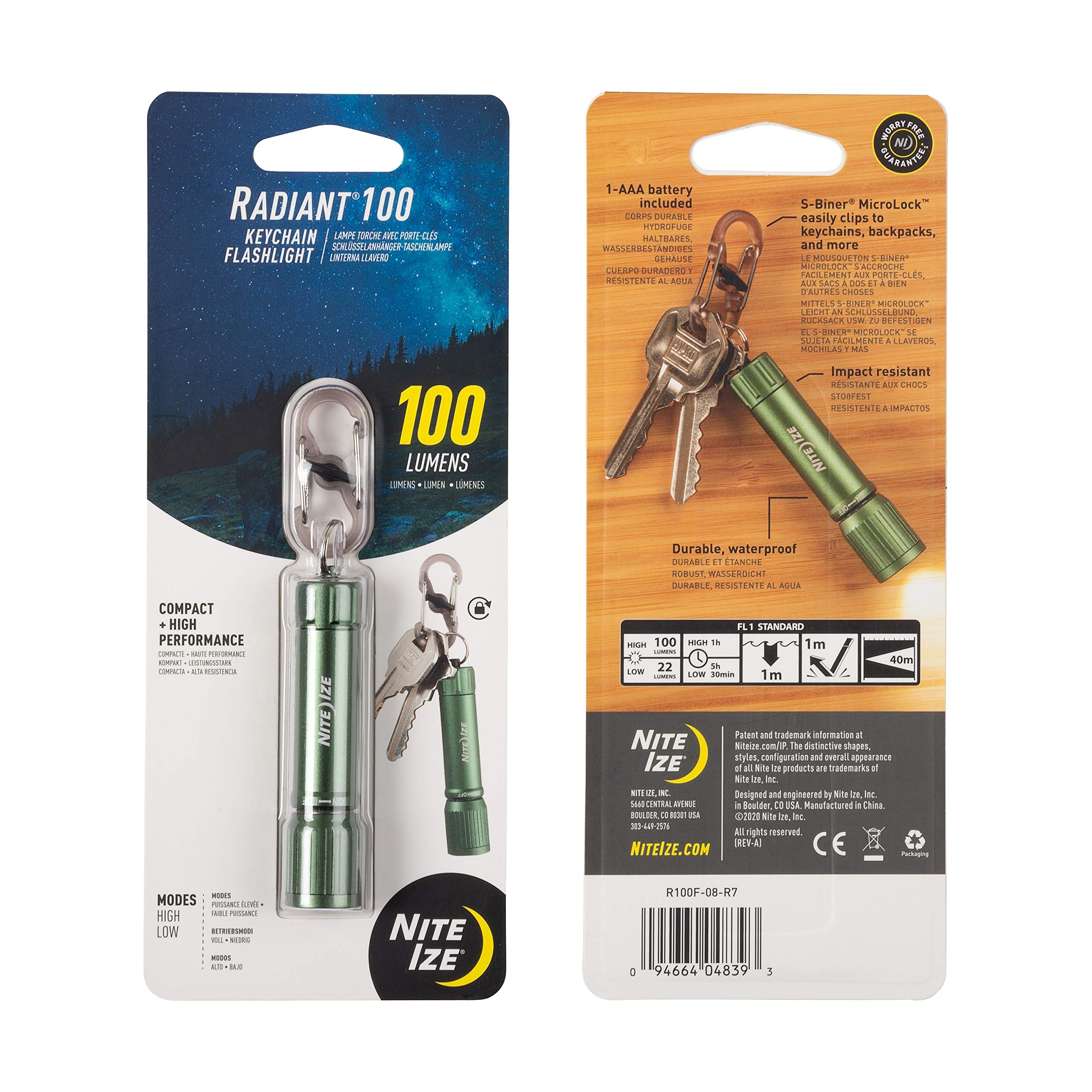Nite Ize Radiant 100 Keychain Flashlight - 100 Lumen Waterproof Mini LED Flashlight for Keys, Backpacks & Outdoor Gear - Perfect for Camping, Hiking, Emergencies & Nighttime Safety - Olive Green