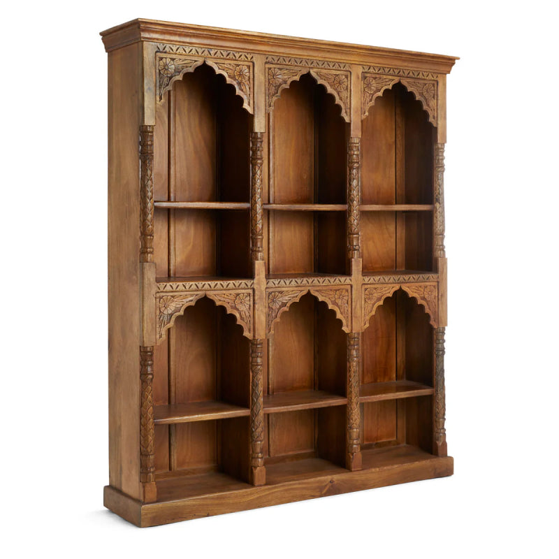 Hand Carved Wooden Bookshelf with 12 Shelves - Rustic Home Office Decor for Books, Plants & Display Items