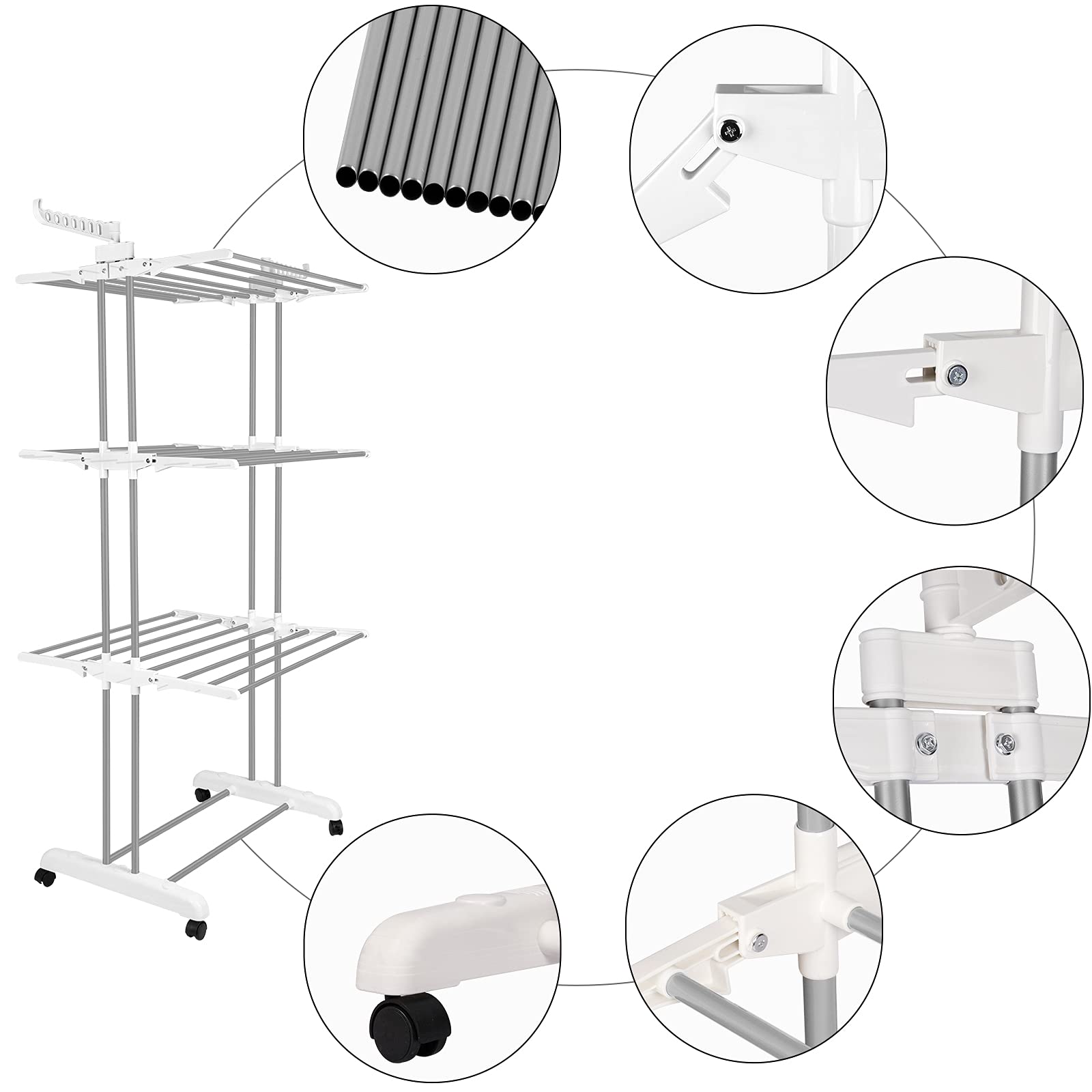 Bigzzia 4-Tier Stainless Steel Clothes Drying Rack - Foldable Laundry Rack for Indoor & Outdoor Use with 2 Side Wings | Space-Saving Grey White Garment Organizer | Perfect for Apartments, Balconies, and Small Spaces