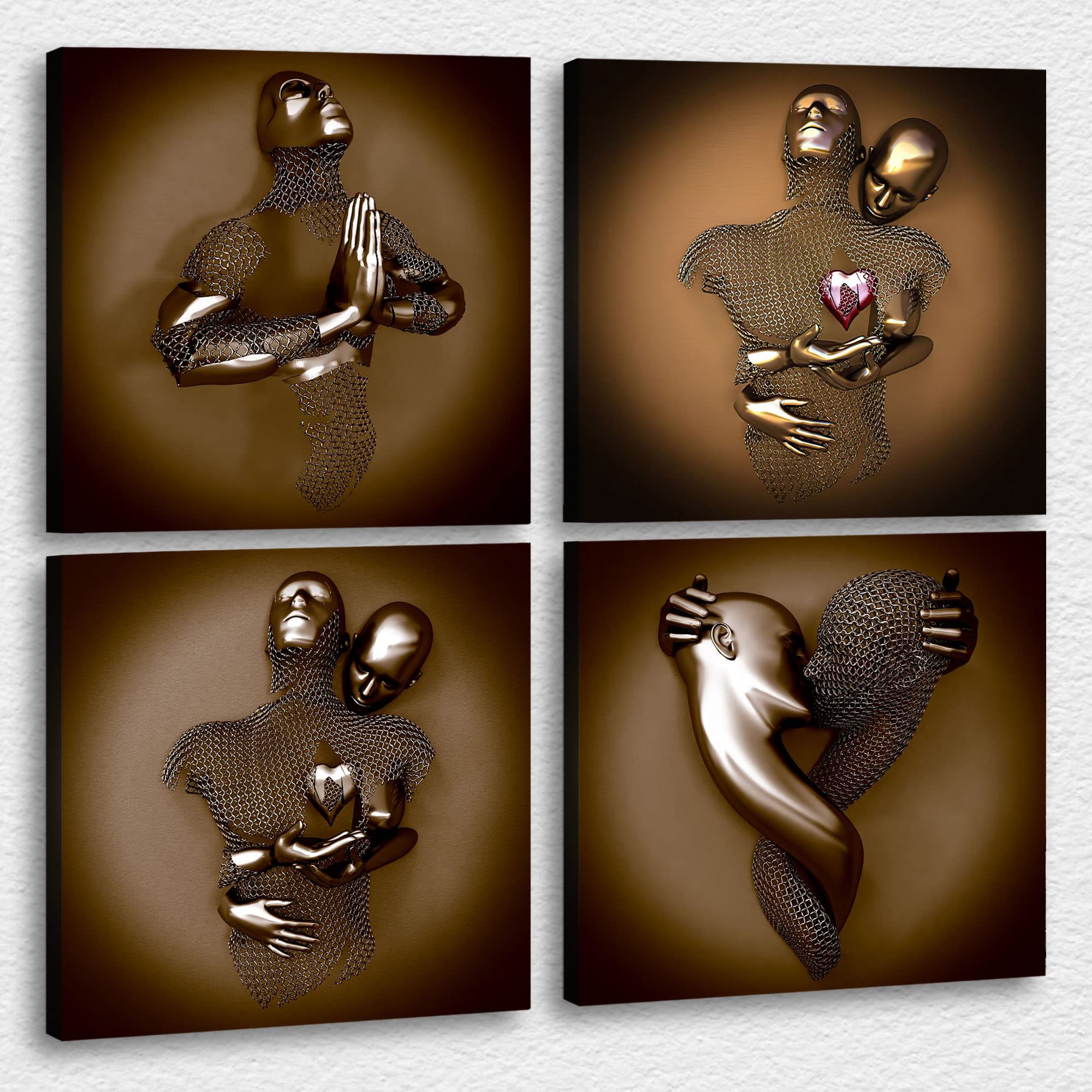 4-Piece Gray 3D Canvas Wall Art Set - Love Heart & Hugging Couple Modern Painting for Bedroom Decor (20