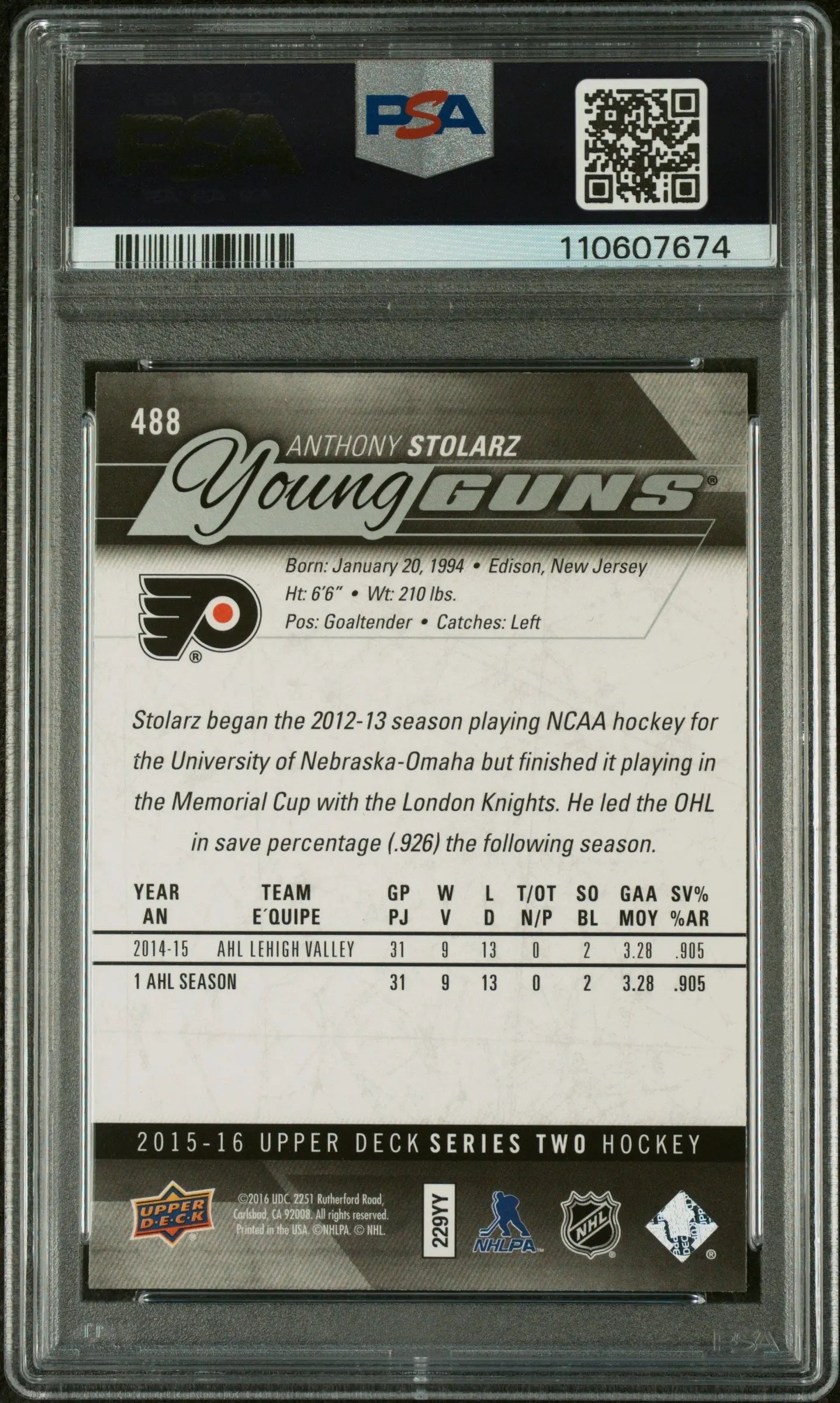 2015-16 Upper Deck Series Two Anthony Stolarz Young Guns Rookie Card PSA 9 Mint - Perfect for Hockey Card Collectors and Philadelphia Flyers Fans
