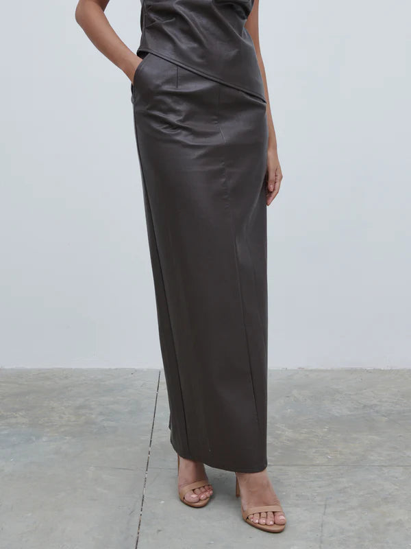 Maeve Faux Leather Maxi Skirt for Women - Dark Chocolate Brown High Waist Long Skirt | Perfect for Fall Winter Fashion, Office Wear & Date Night Outfits