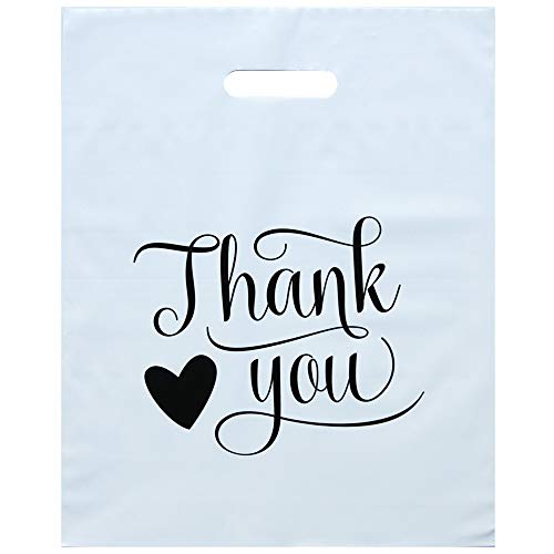 Premium White Heart Thank You Bags (100 Pack) - 12x15 Inch Durable Plastic Shopping Bags with Handles for Small Business & Retail - Perfect for Gifts, Parties, Boutique Packaging & Customer Appreciation