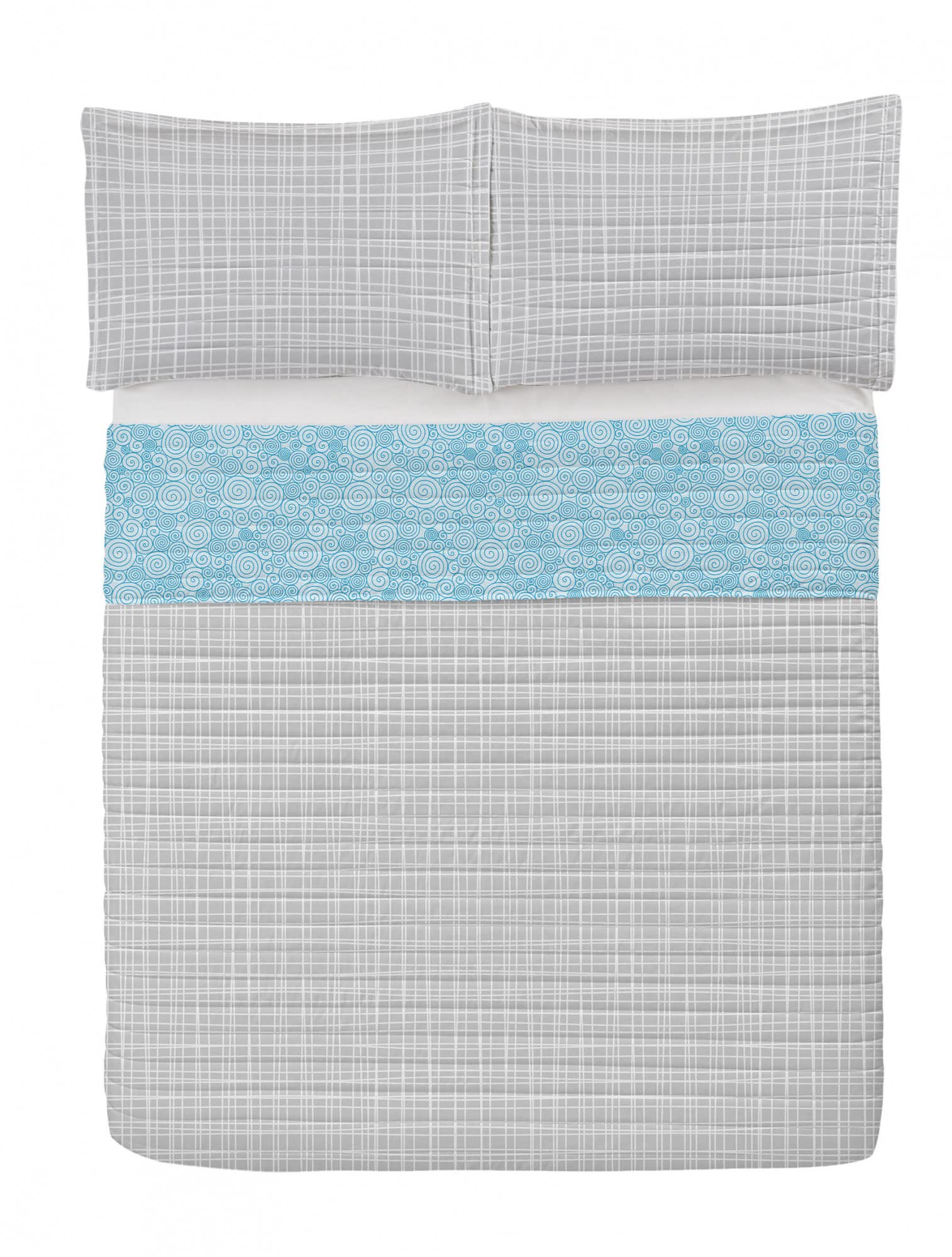 Ambesonne Reversible Queen Size Bedspread Set - Blue and White Abstract Swirls Ocean Design, Microfiber Comforter with Pillow Shams | Modern Coastal Bedroom Decor for Master & Guest Rooms