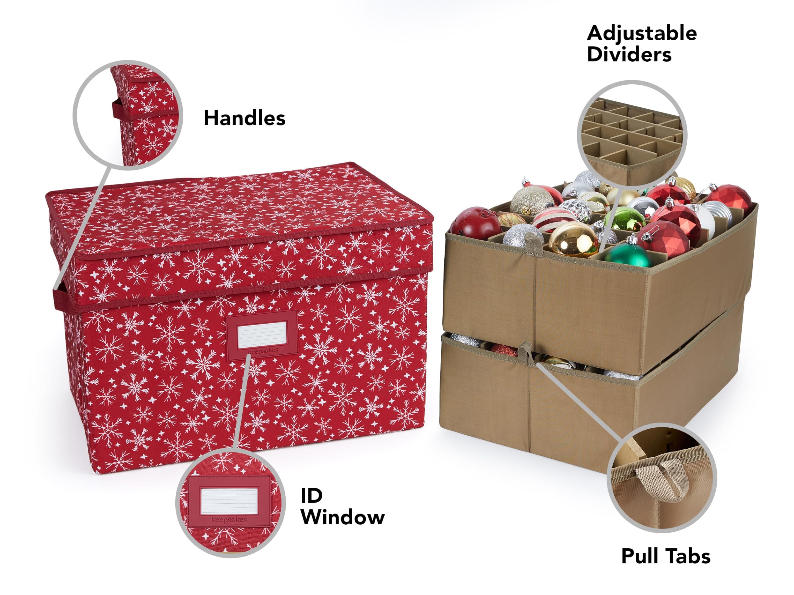 Covermates Adjustable Ornament Storage Box with Carrying Handles & Padded Protection - Holiday Decoration Organizer for Christmas Tree Ornaments (Red Snowflake Design) - Perfect for Seasonal Storage & Home Organization