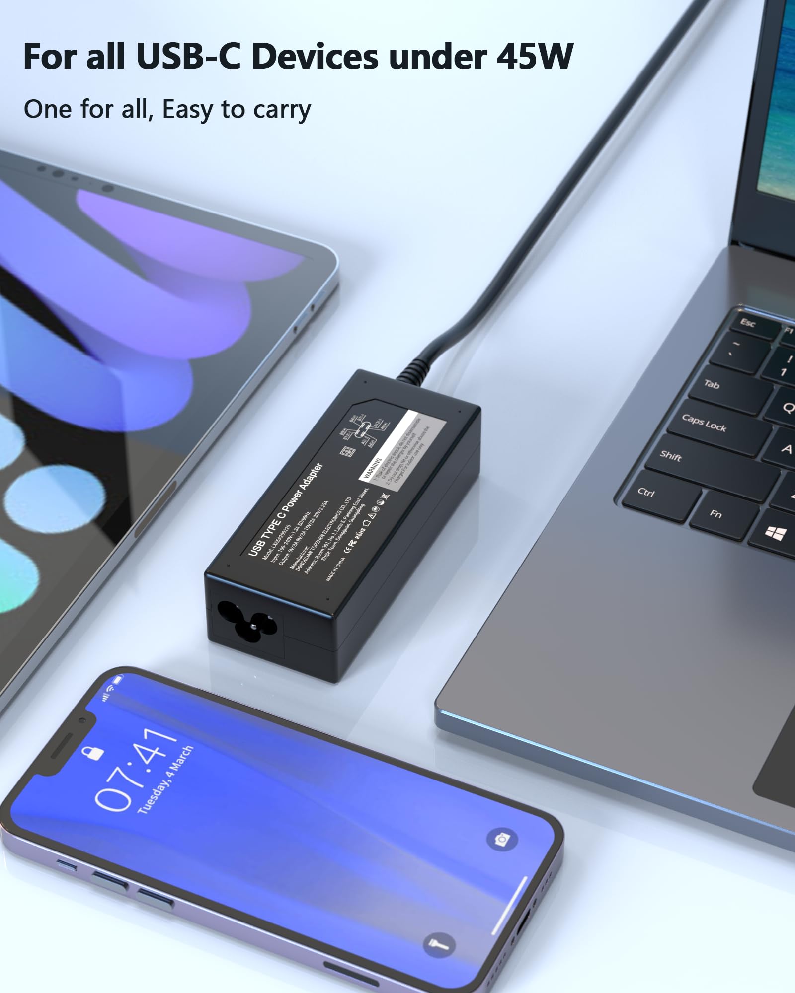 45W USB C Universal Laptop Charger - Compatible with HP, Lenovo, Dell, Acer, Asus, Samsung, Google Chromebook & More - Type C Power Adapter with Fast Charging - Perfect for Home, Office & Travel Use