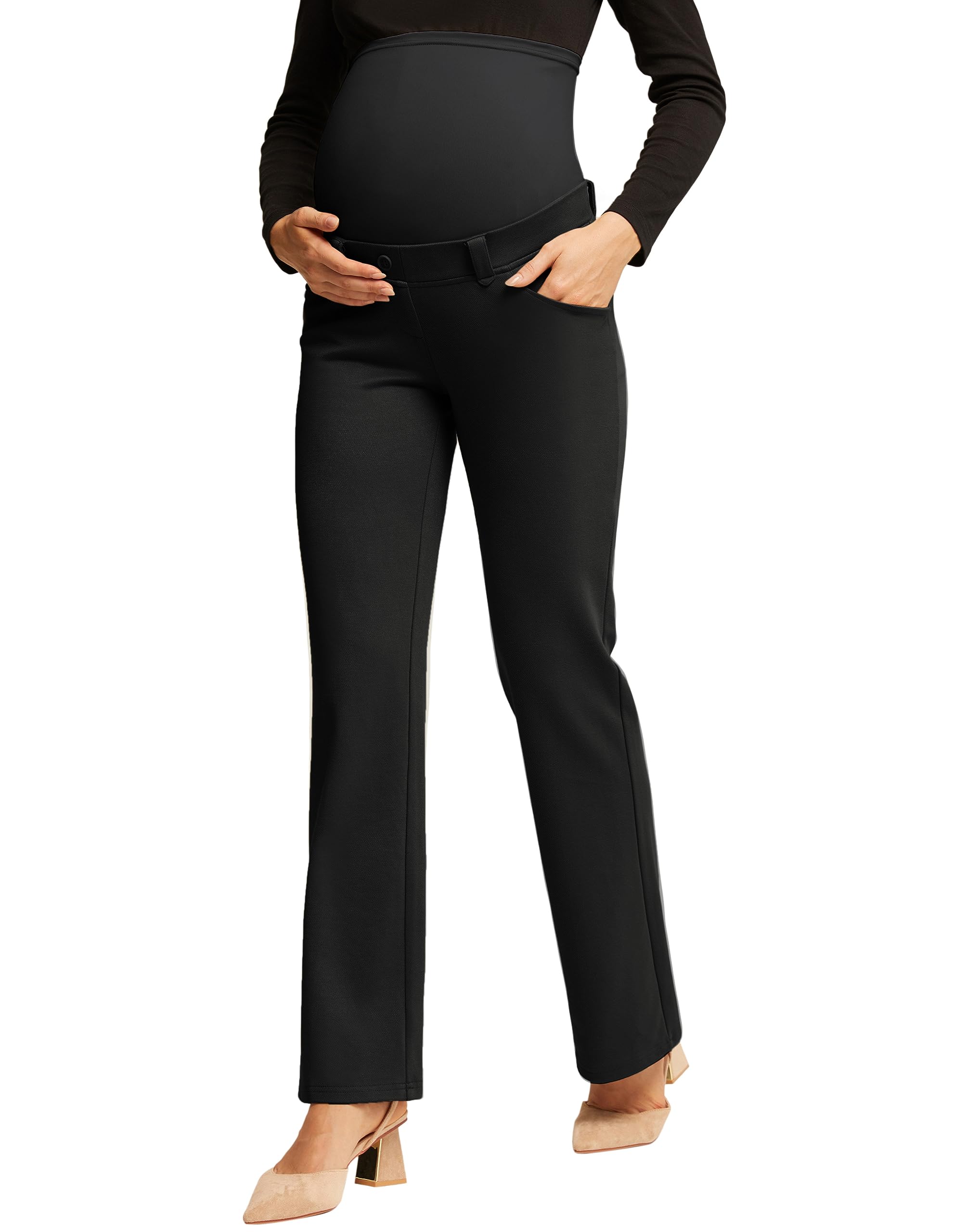 Maacie Maternity Flare Leggings - Over The Belly Pregnancy Bootcut Pants with Pockets for Yoga, Work & Casual Wear | Comfortable Stretchy Workout Pants for Expecting Moms