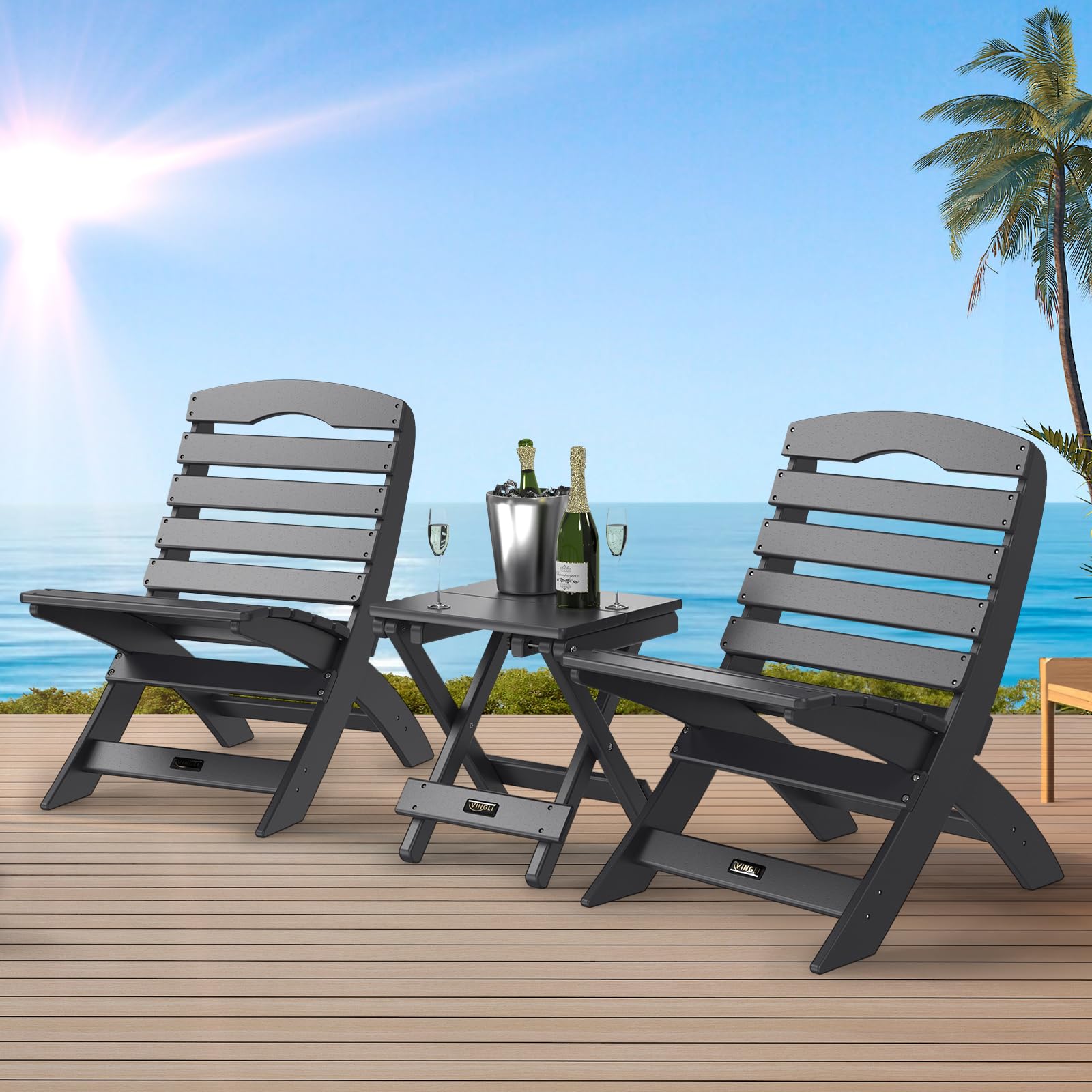 VINGLI 4-Pack Folding Plastic Adirondack Chairs - 350LB Capacity All-Weather Outdoor Furniture for Patio, Poolside, Porch, Beach & Camping - Heavy Duty Black Lawn Chairs Perfect for Backyard Relaxation & Fire Pit Gatherings