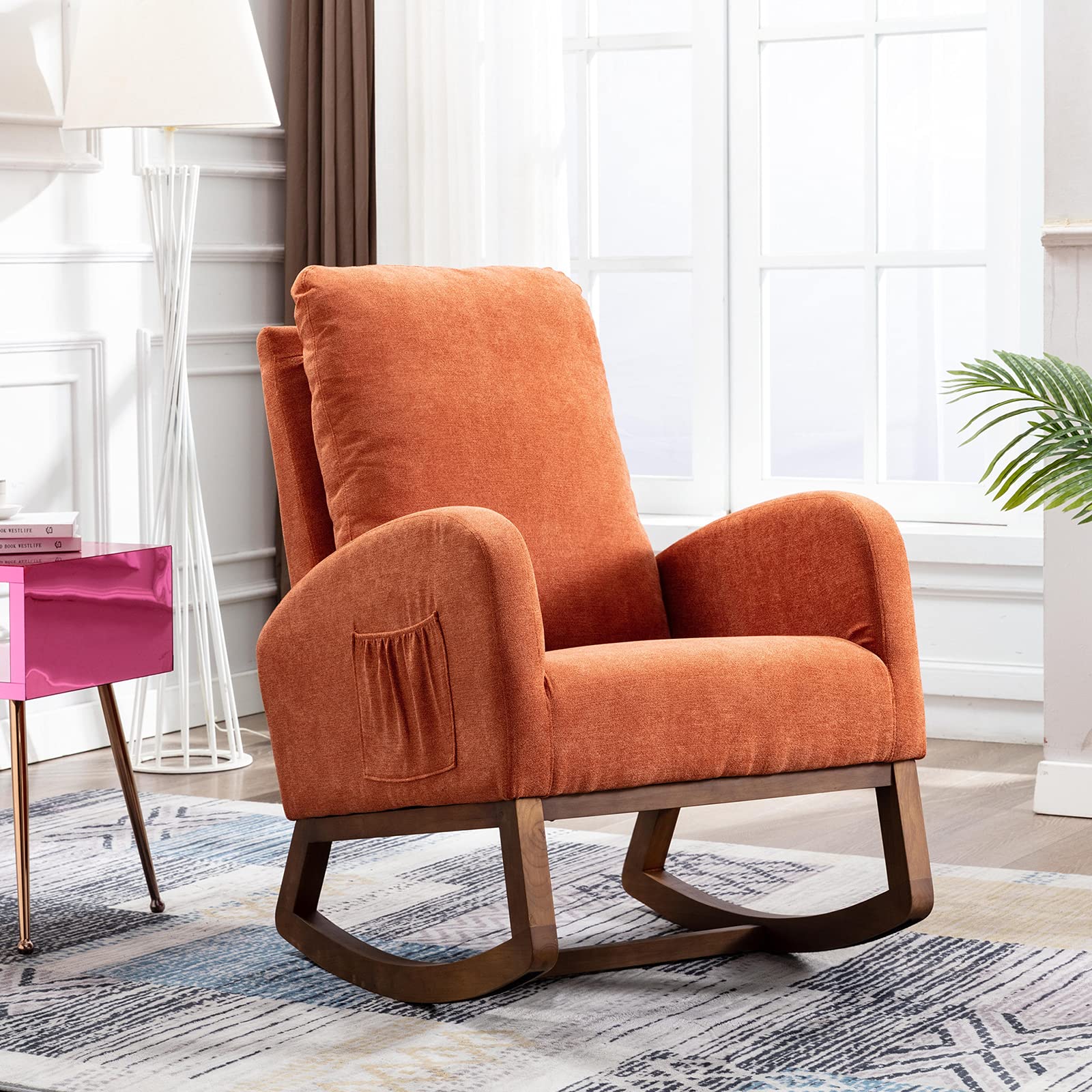 Comfortable CALABASH Upholstered Rocking Chair - High Back Thick Padded Nursery Glider with Armrests - Mid-Century Modern Rocker for Living Room, Nursery & Bedroom - Perfect for Nursing, Relaxing & Reading (Orange)
