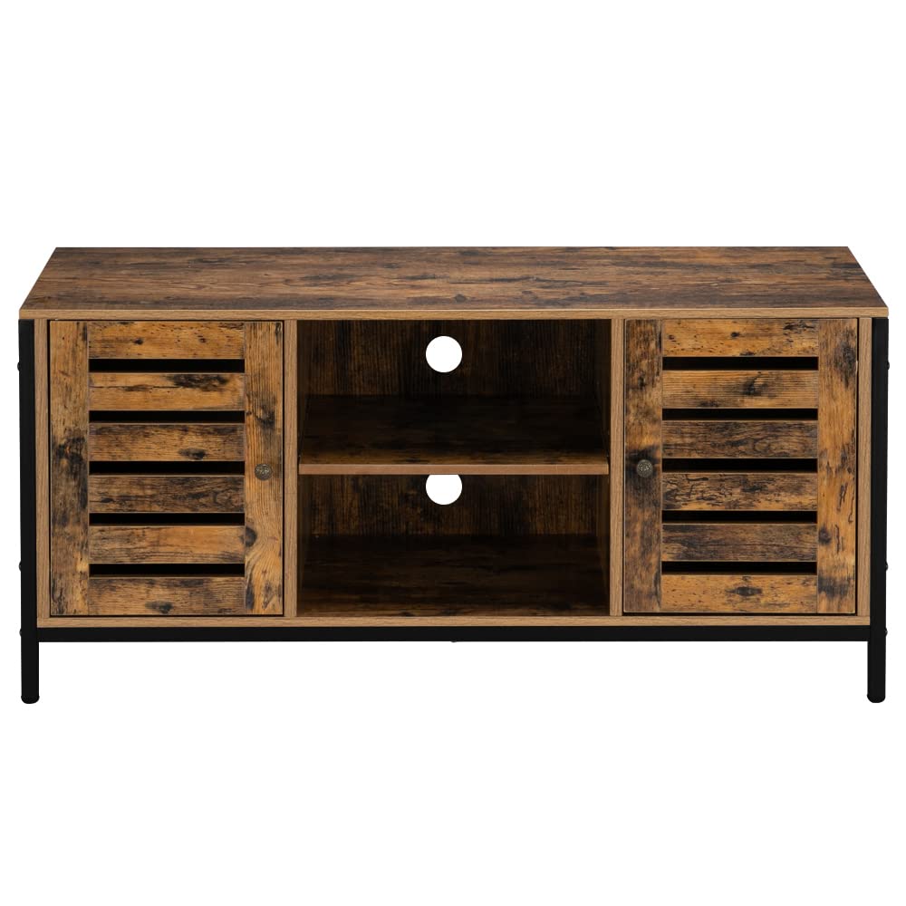 Vintage Brown Industrial Wood Fireplace TV Stand with Double Doors & Shelves - Rustic TV Cabinet for Living Room, Home Theater & Entertainment Center