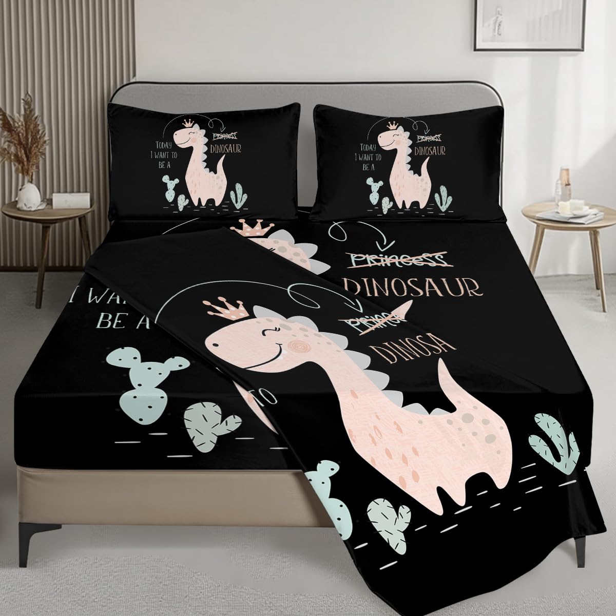 Sleepwish Pink Dinosaur Princess Bed Sheet Set for Girls - Full Size Dino Themed Kids Bedding - Perfect for Girls' Bedroom Decor & Dinosaur Lovers