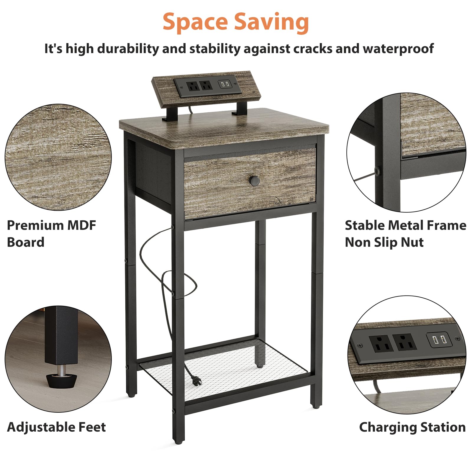 Fixwal Nightstands Set of 2 with Charging Station - USB Ports & Outlets, Bedside End Tables with Fabric Drawer for Bedroom, Living Room - Perfect for Charging Devices & Organizing Essentials (Greige)