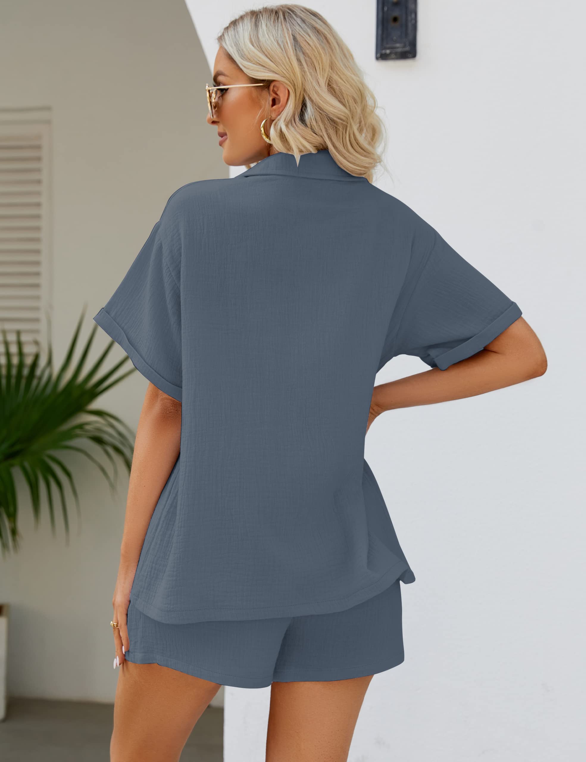 Flygo Women's 2 Piece Outfit Set - Short Sleeve Linen Shirt & Elastic Waist Shorts | Summer Casual Wear for Beach, Vacation & Everyday Outfits