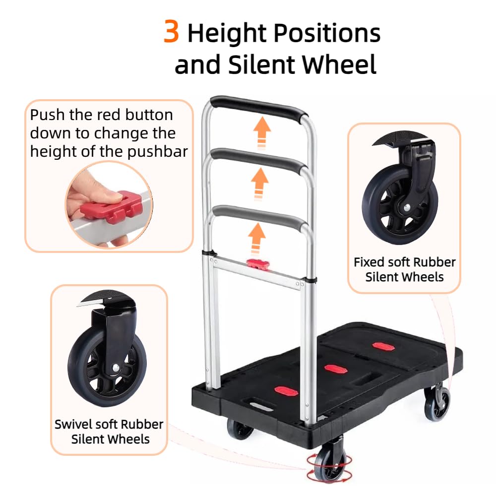 Heavy Duty Folding Hand Truck - 330 Lbs Capacity Adjustable Handle Luggage Cart | Portable Utility Dolly for Moving, Shopping, Travel & Office Use | Perfect for Home, Warehouse & Commercial Transport