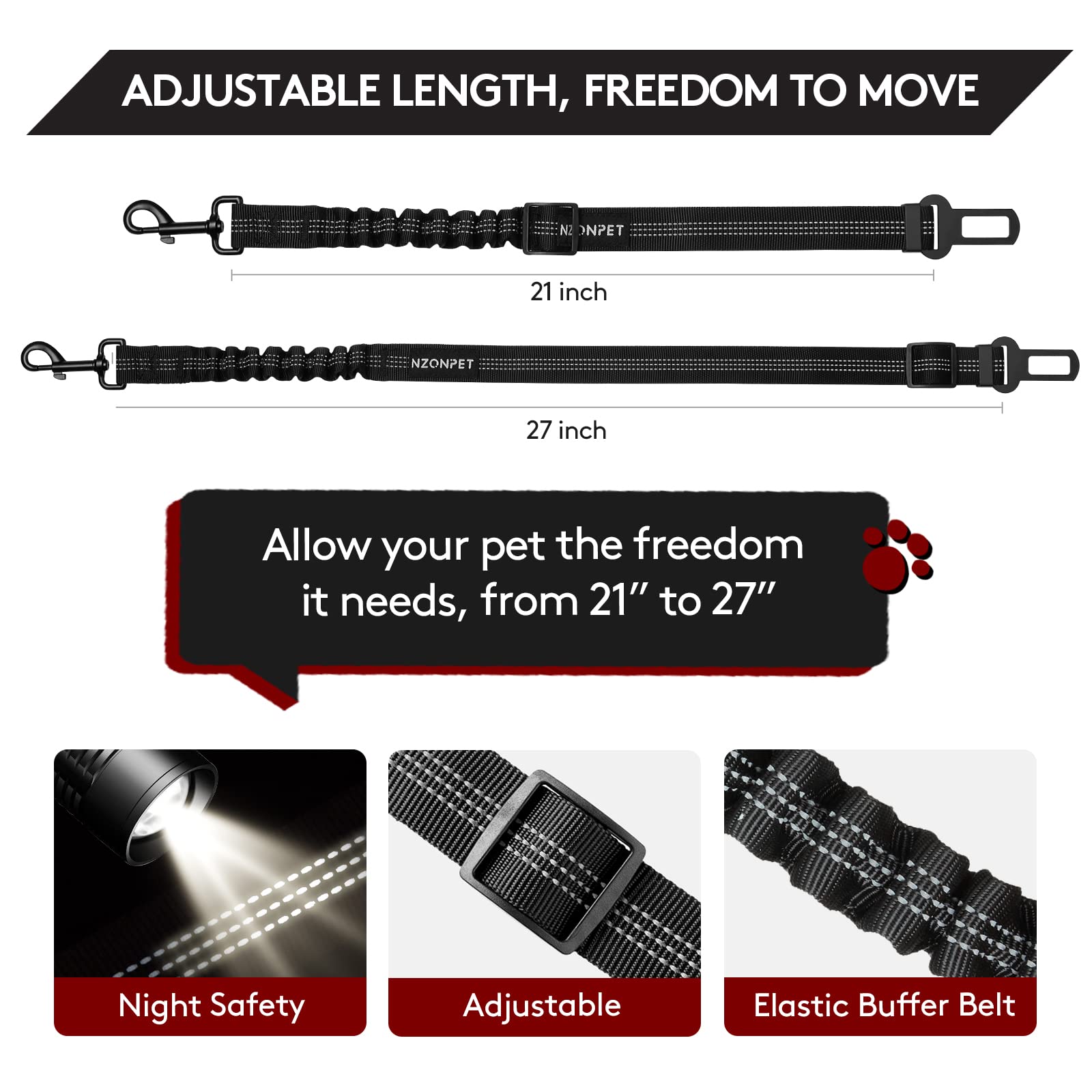 Retractable Dog Car Seat Belt - Heavy Duty Pet Safety Harness with Reflective Strips, Stainless Steel Hook & Elastic Bungee Buffer for Secure Car Travel - Perfect for Road Trips, Daily Commutes & Vet Visits (Black)