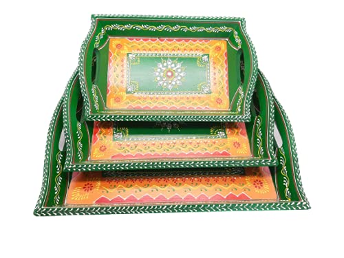 Handmade Wooden Serving Tray with Meenakari Art - Set of 3 for Kitchen, Dining & Home Decor