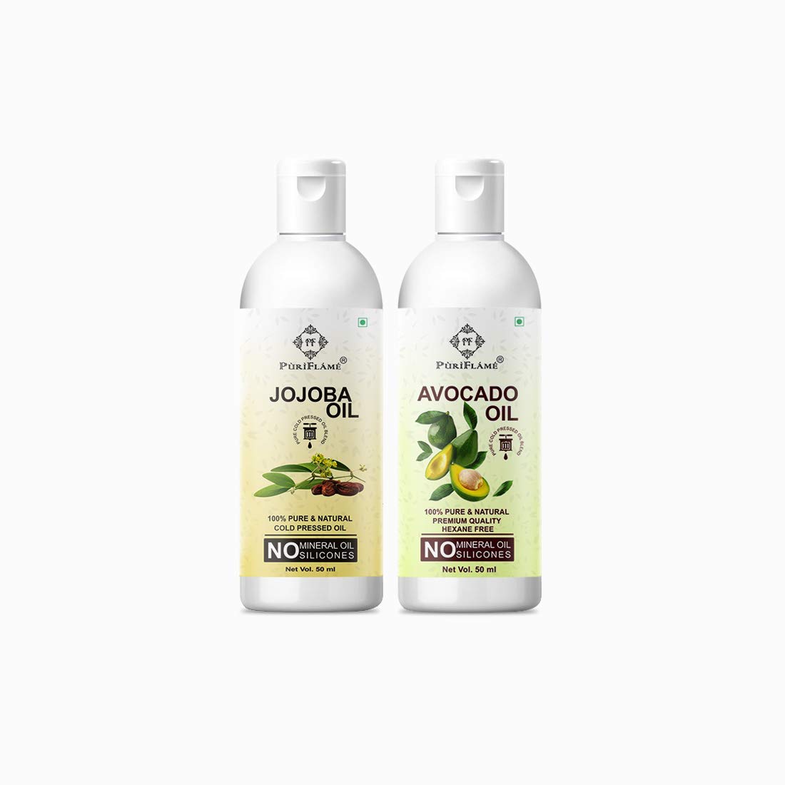 PuriFlame 100% Pure Jojoba Oil & Avocado Oil Combo Set (50ML Each) - Natural Hair Growth Treatment for Thicker, Stronger Hair - Reduces Hair Fall & Split Ends - Promotes Soft, Shiny Hair - Perfect for Daily Hair Care & Scalp Massage (Pack of 2)