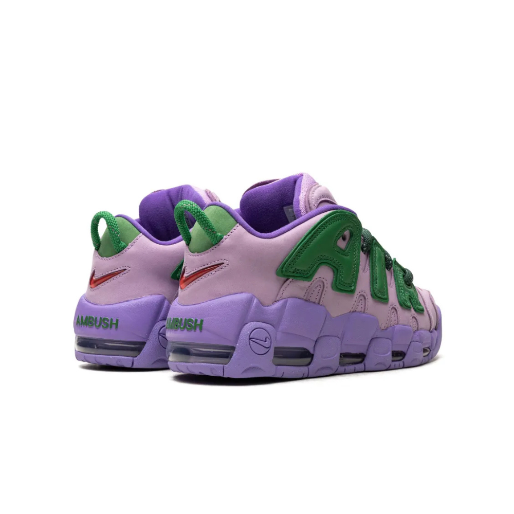 Nike Air More Uptempo Low AMBUSH Sneakers - Lilac, Apple Green & University Red Colorway | Stylish Basketball Shoes for Streetwear & Casual Outfits