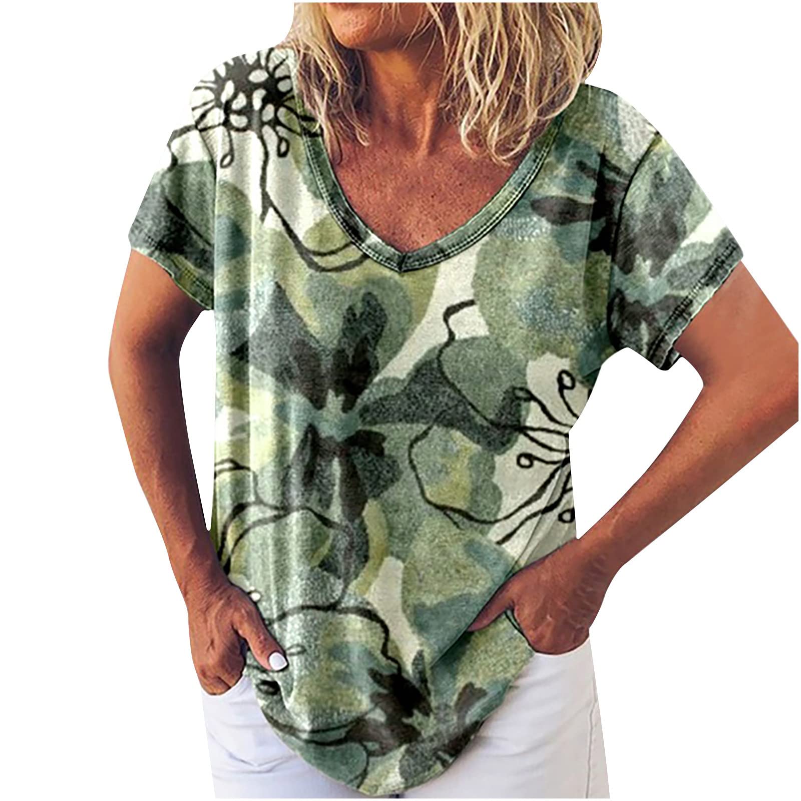 Women's Summer V-Neck Short Sleeve Tunic Top - Flowy Casual Printed Blouse for Beach, Vacation & Everyday Wear | Loose Fit Comfortable T-Shirt Style