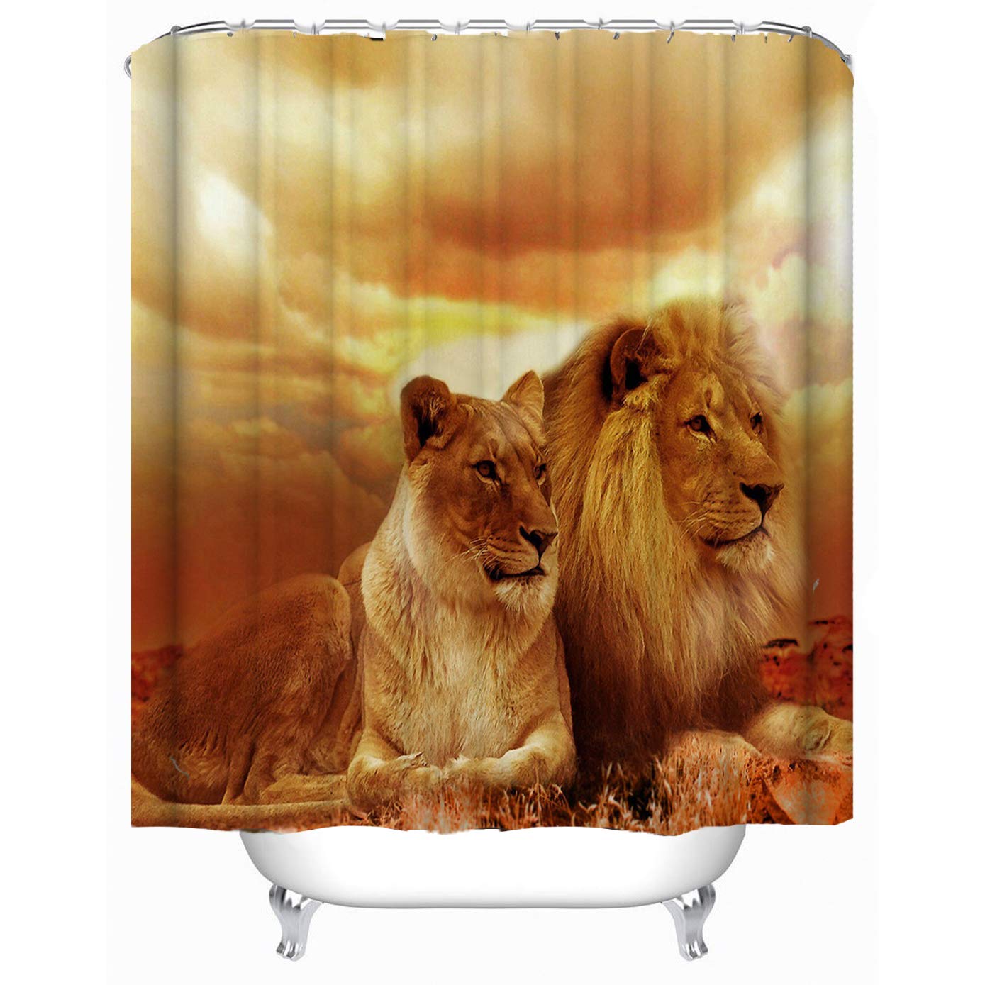 African Lion Couple Fabric Shower Curtain Set - Waterproof Washable Bathroom Decor with Hooks 72x72 Inches (Brown/Yellow) - Perfect for Jungle Theme Bathrooms, Kids' Rooms & Safari Decor