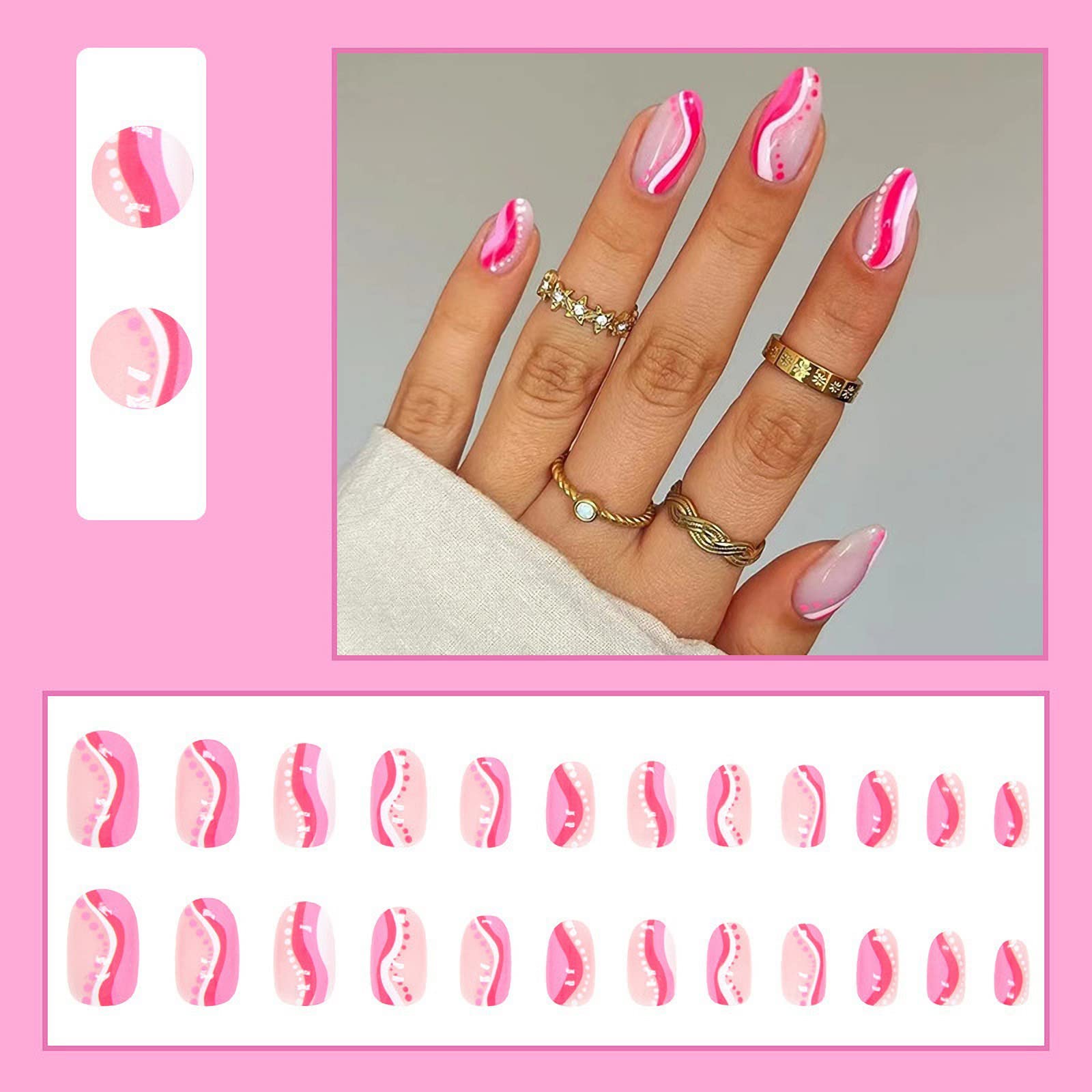 MISUD 24pcs Round Press-on Nails - Pink Wave Point Oval Acrylic Glossy Fake Nails with White Swirl Designs | Easy Glue-on Artificial Nails for Women | Perfect for Parties, Weddings & Daily Wear