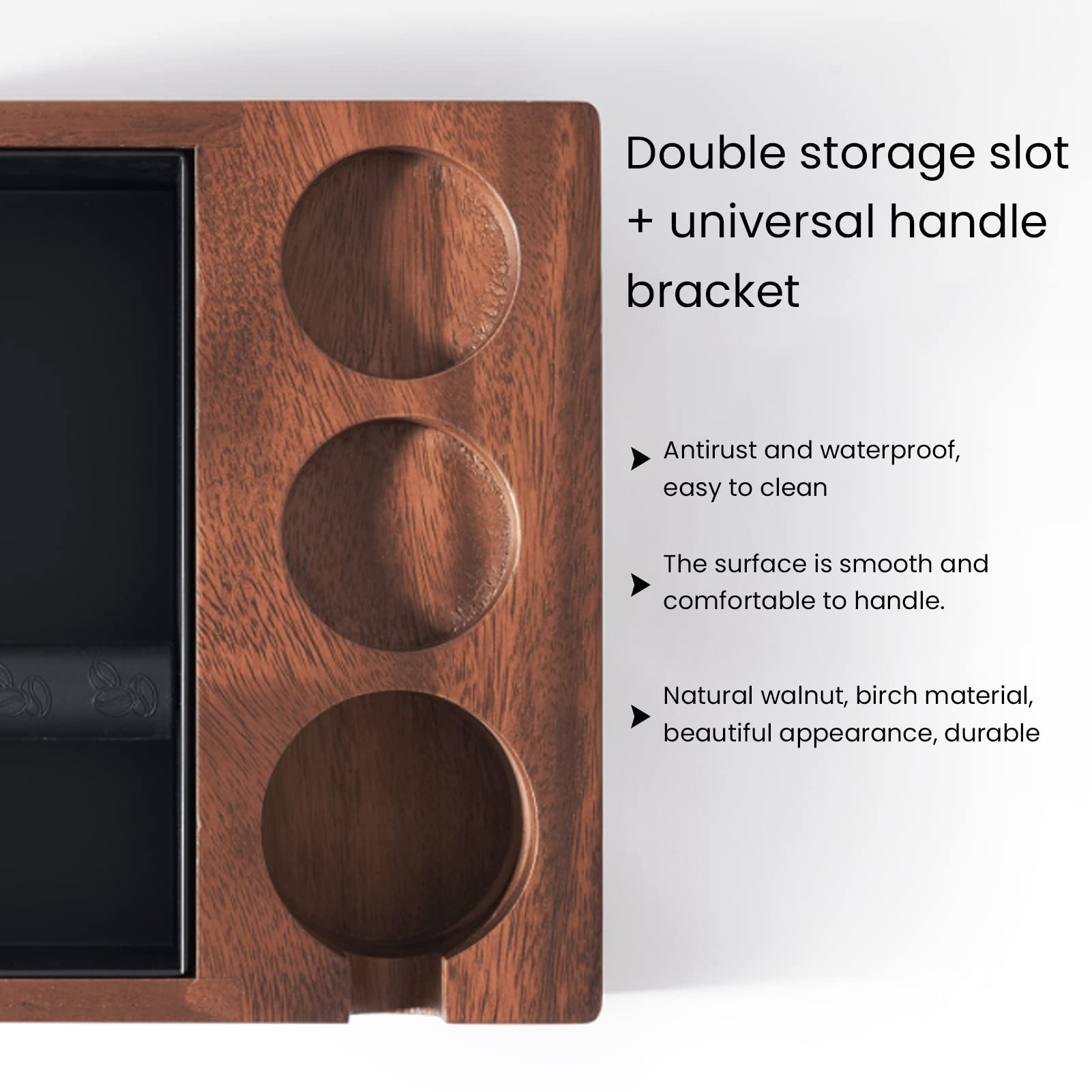 Premium Walnut Wooden Coffee Tamping Stand - 4-in-1 Espresso Tamper Holder with Knock Box & Slag Container - Professional Coffee Distributor Station for Baristas, Home Brewing, Cafés & Office Use