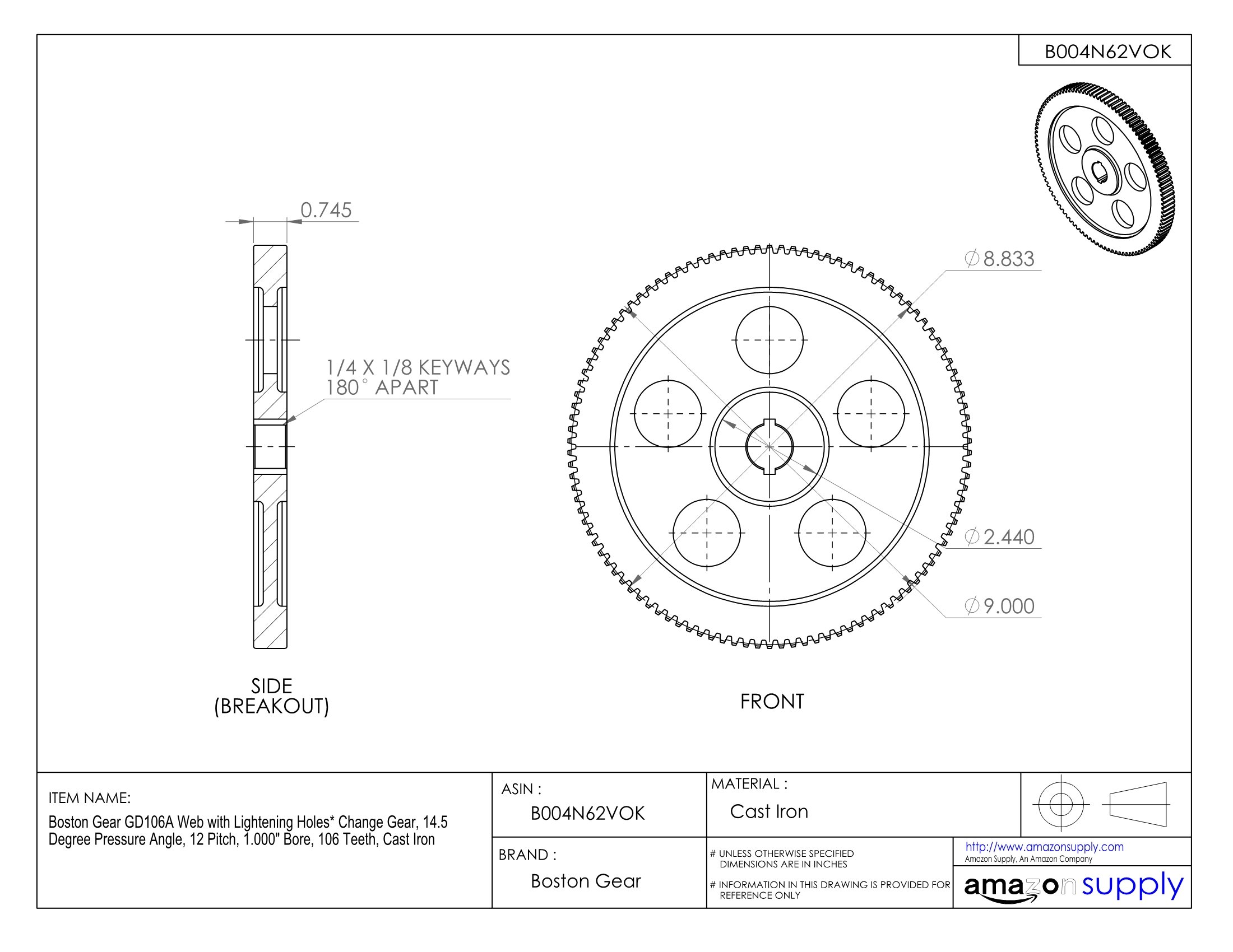 GD106A Web with Lightning Holes Change Gear - 14.5° Pressure Angle, 12 Pitch, 1.000