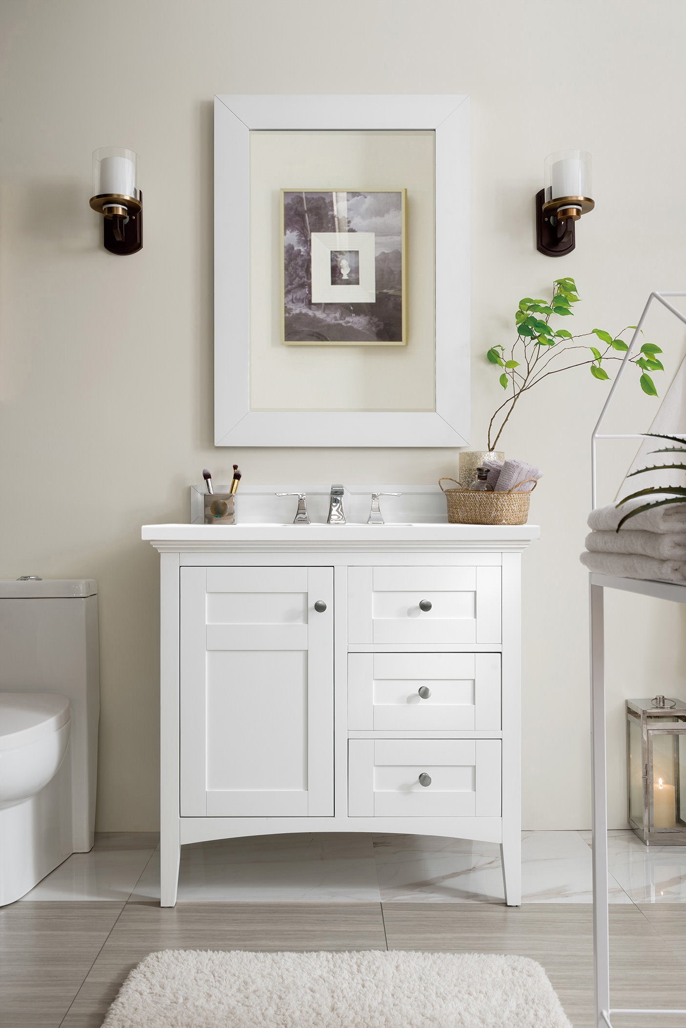 Palisades 36 Inch Single Bathroom Vanity Set with 3CM Classic White Quartz Countertop - Bright White Finish for Modern Bathroom Remodeling & Home Upgrade