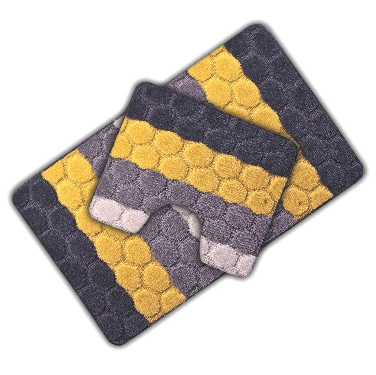 2-Piece Non-Slip Bath Mat Set - Soft, Absorbent & Slip-Resistant Stripe Design for Bathroom & Shower - Perfect for Bath Tubs, Pedestal Sinks & Wet Floors (Yellow)