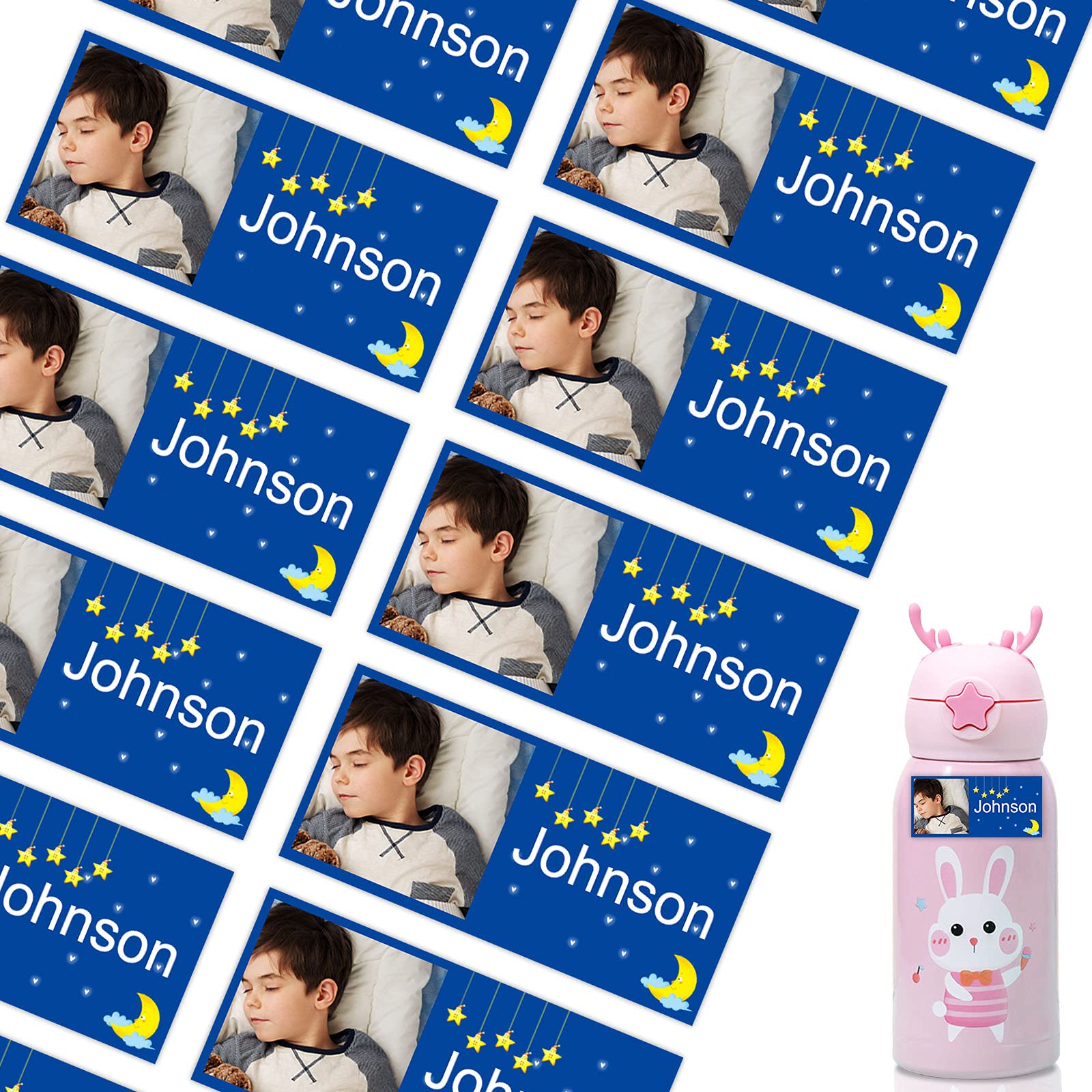 46 PCS Custom Photo Name Labels for Kids - Waterproof Personalized Stickers for School Supplies, Daycare, Water Bottles & Lunch Boxes - Perfect for Organizing Backpacks, Toys & Camp Gear