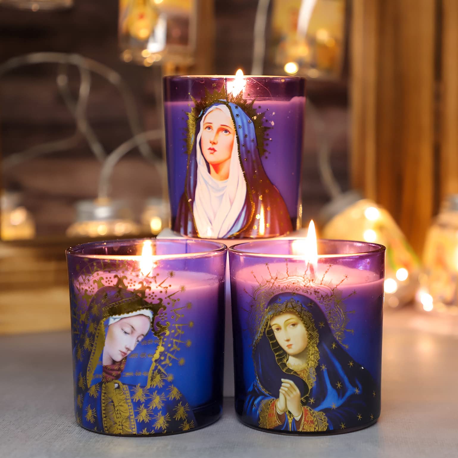 Blessed Virgin Mary Scented Candles - Set of 3 Purple Glass Votive Candles for Catholic Church, Home Altar & Prayer - Long-Lasting Rosemary Scented Soy Wax Jar Candles for Meditation, Devotion & Spiritual Relaxation