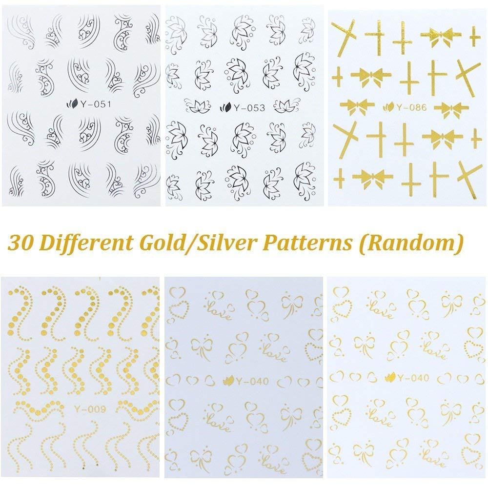 SYGA Gel Abstract Nail Art Water Transfer Decals - Metallic Stickers for Nails (Gold, Silver, 30 Sheets) | DIY Nail Design, Salon Manicure, Party & Special Occasion Nail Art
