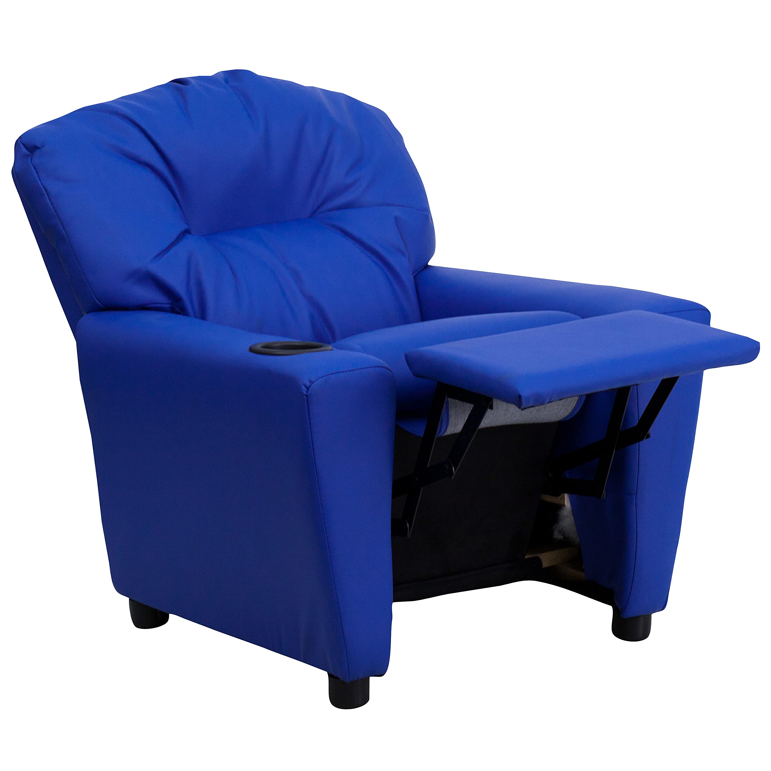 Emma & Oliver Blue Vinyl Kids Recliner Chair with Cup Holder - Comfortable Children's Lounge Chair for Playroom, Bedroom or TV Time