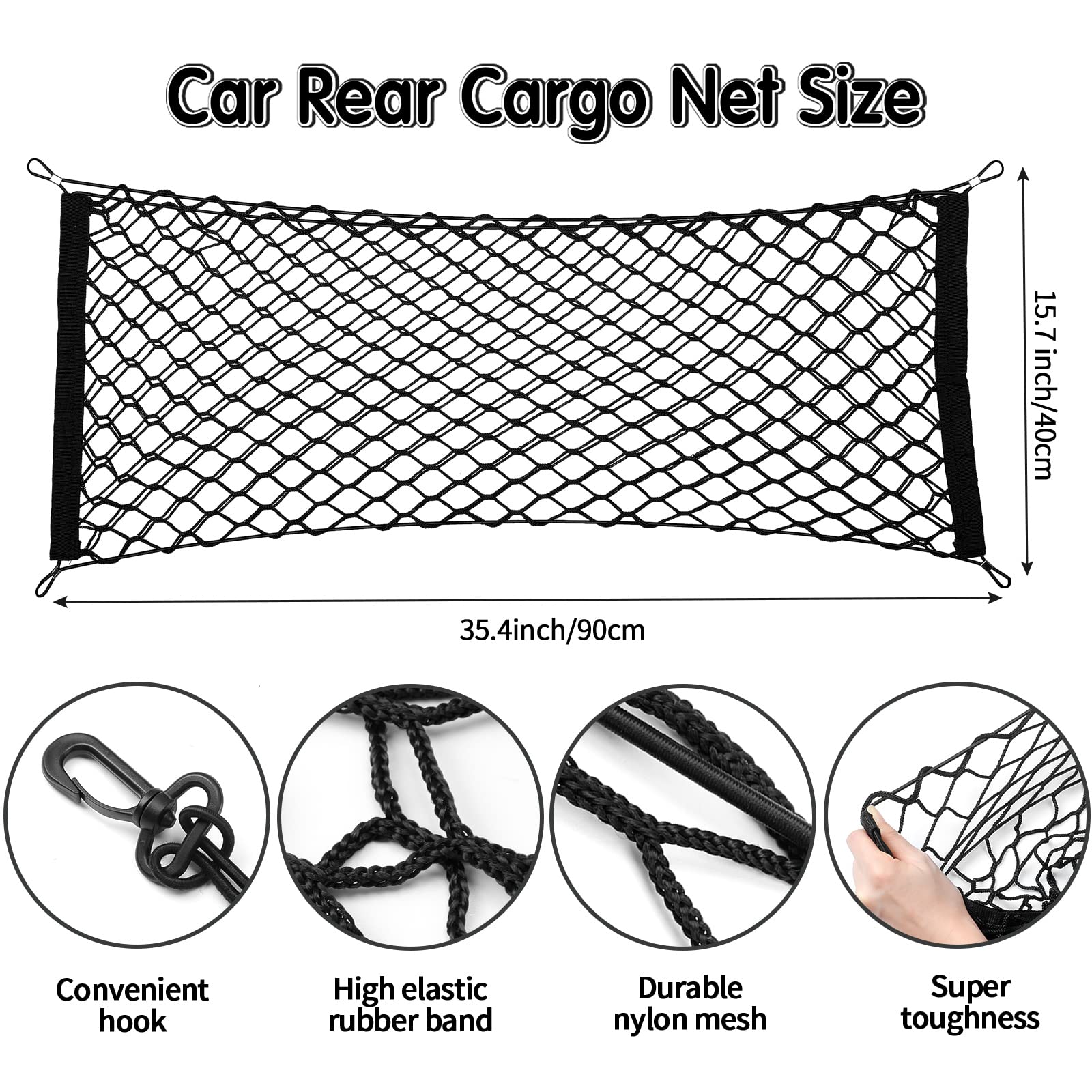 Tallew 3-Pocket Stretchable Cargo Net Organizer with Hooks & Buttonholes - 35.4 x 15.7 Inch Black Mesh Trunk Storage Bag for Pickup Trucks, SUVs & Car Beds - Perfect for Grocery Storage, Road Trips & Vehicle Organization