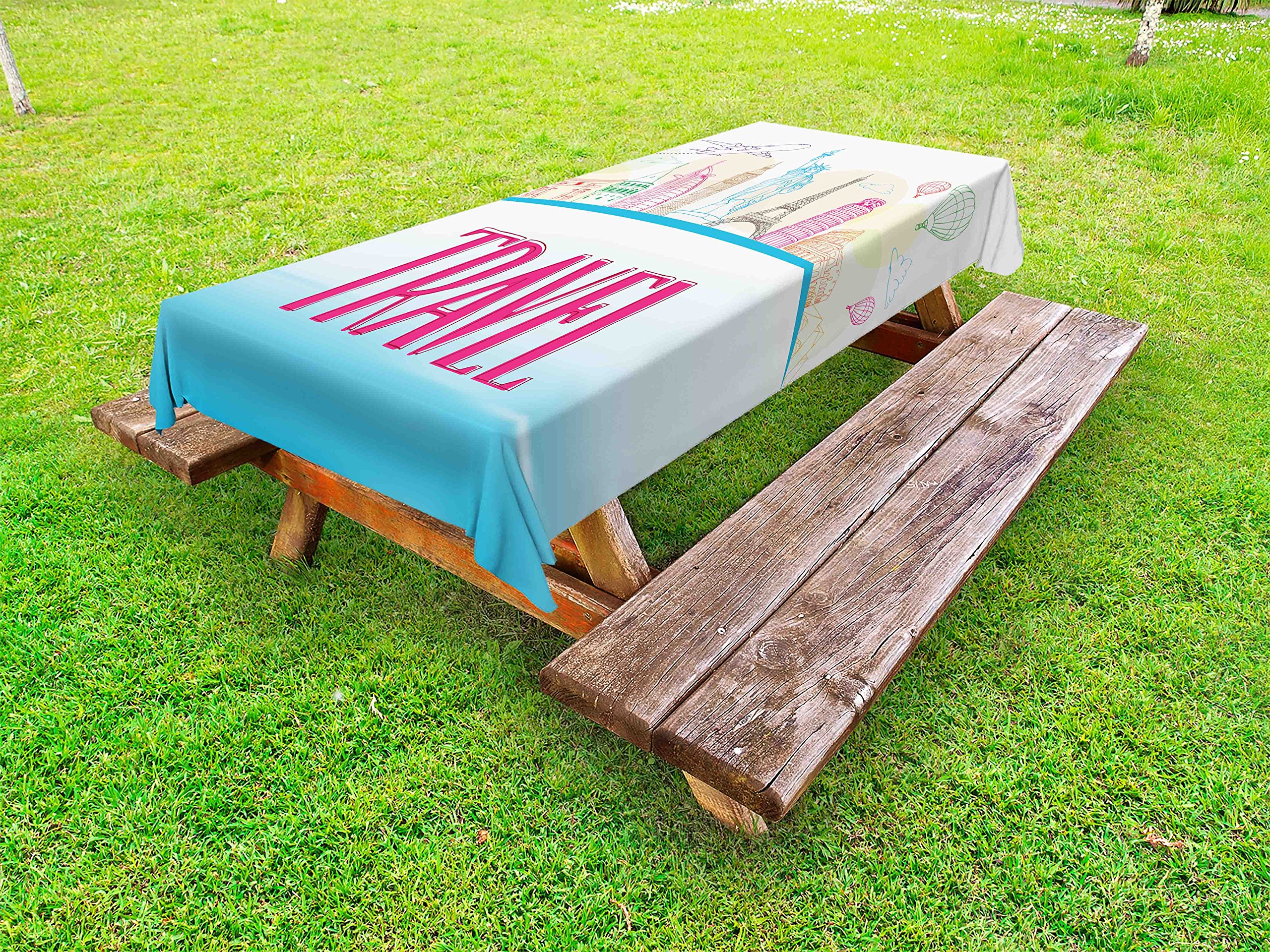 Washable Outdoor Picnic Tablecloth 58x120 Inches - Famous Landmarks Liberty Eiffel Tower Design in Sky Blue & Hot Pink | Waterproof Decorative Table Cover for Camping, Beach Parties & Backyard BBQs