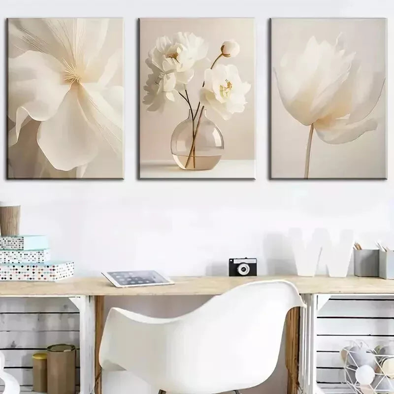 3-Piece Beige Floral Canvas Wall Art Set - Modern Framed Flowers Print 50x70cm - High Quality Australian Made Ready-to-Hang Home Decor for Living Room, Bedroom & Office