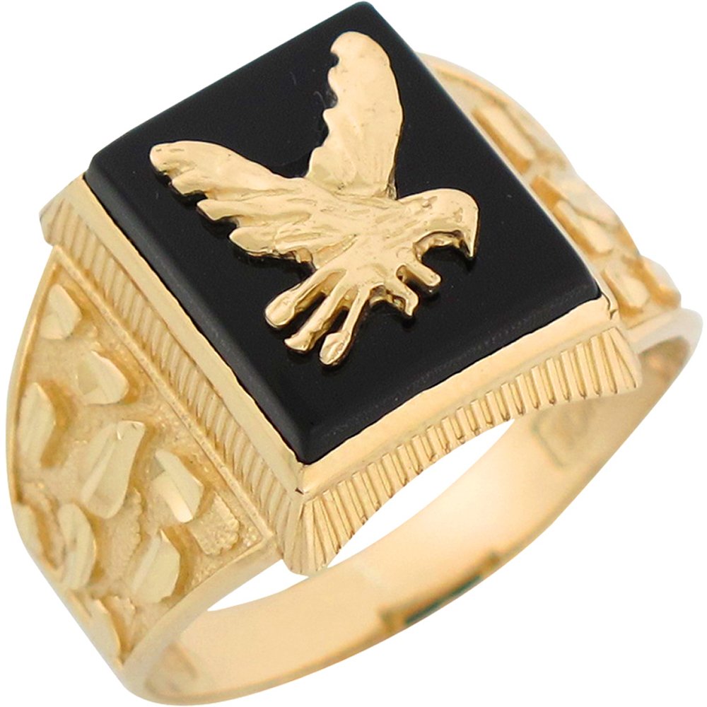 10K Yellow Gold Onyx Flying Eagle Men's Diamond Cut Nugget Ring - Luxury Statement Jewelry for Men, Perfect for Gifts, Weddings & Special Occasions