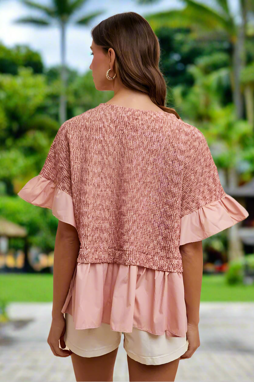 Rose Ruffle Textured Knit Top for Women - Elegant Feminine Blouse for Casual Wear, Date Night & Office Outfits | Soft Comfortable Knitwear for Spring & Fall Seasons