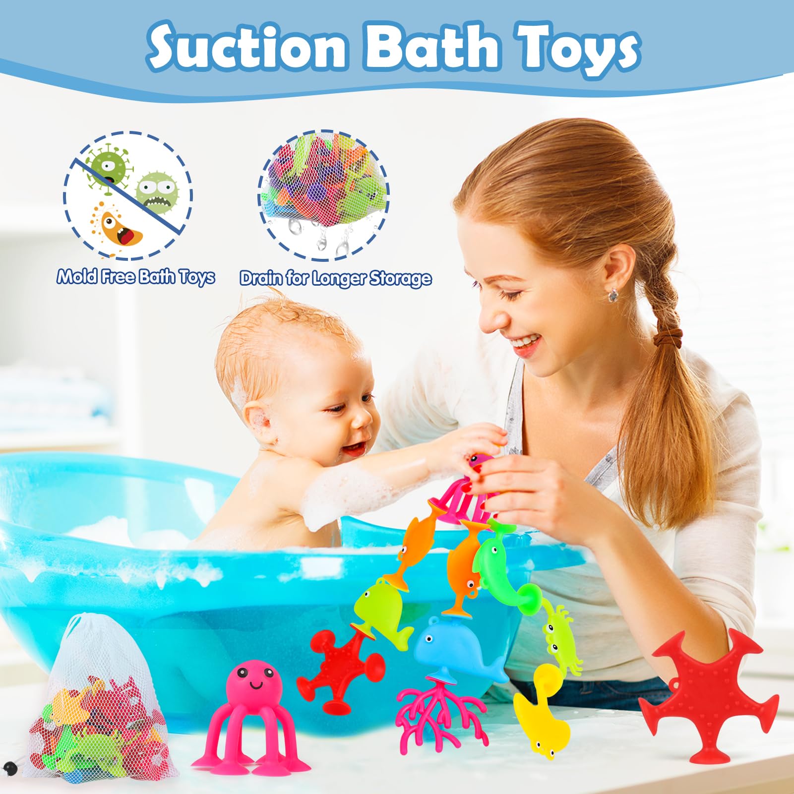 18-Piece Silicone Ocean Animal Suction Cup Toys for Kids Ages 3-8 | Bath, Sensory & Travel Toys for Toddlers Boys & Girls | Includes Mesh Storage Bag | Perfect for Easter Gifts, Window Play & Learning Activities