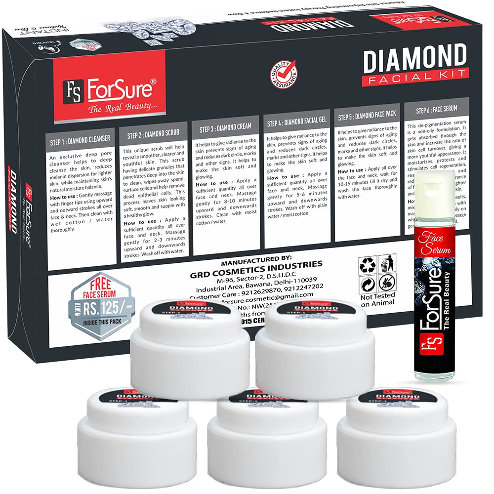 ForSure® Diamond Facial Kit 5-Piece Skin Care Set - Deep Cleanser, Exfoliating Scrub, Nourishing Gel, Whitening Cream & Mask Pack with FREE Anti-Aging Serum (80g) - Perfect for Daily Skincare Routine & Spa-Like Glow at Home