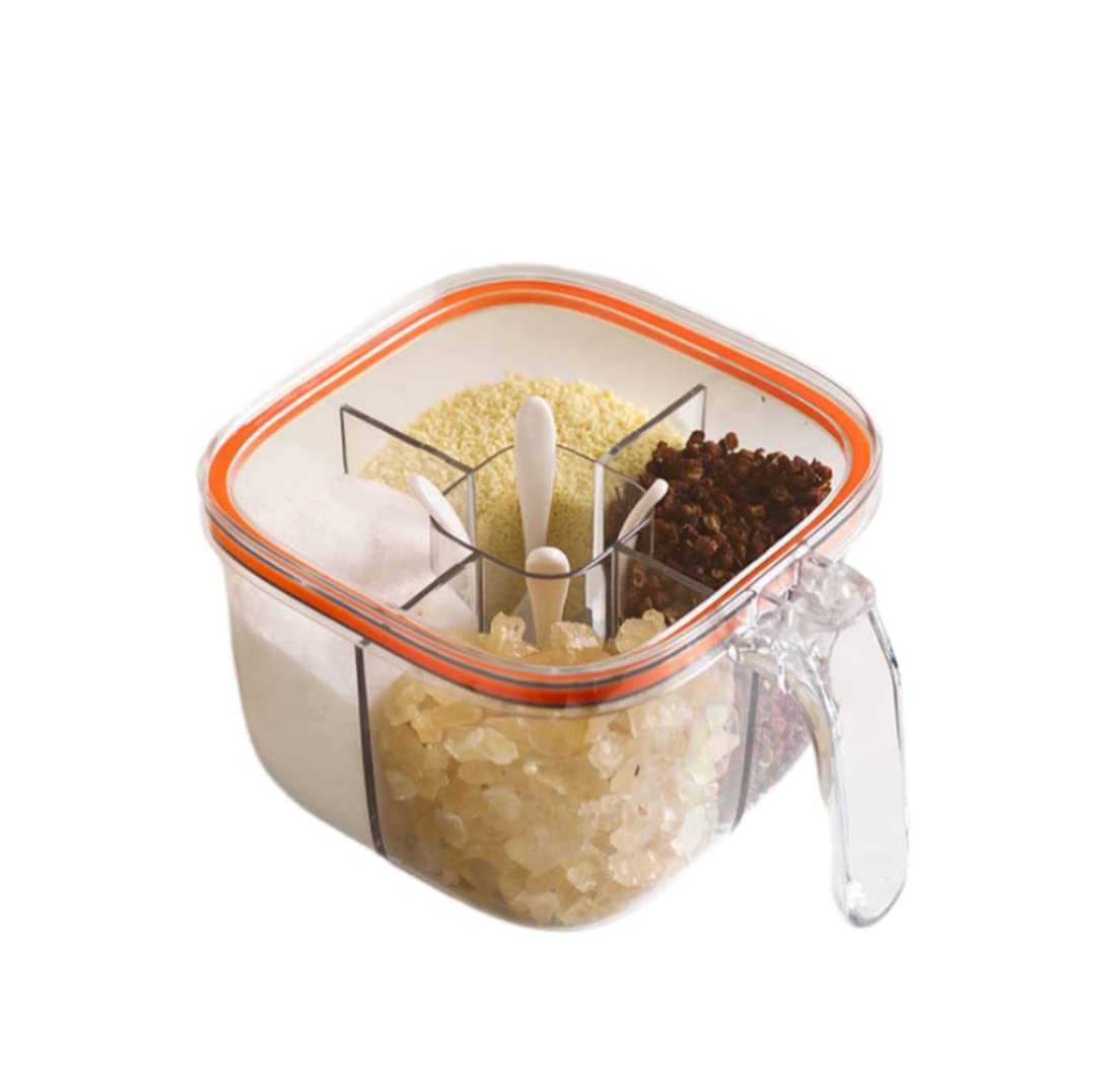4-Compartment Clear Plastic Seasoning Box with Lid & Spoons - Airtight Kitchen Storage Container for Salt, Pepper, Spices & Powder - Perfect for Cooking, Baking & Tabletop Seasoning Organization