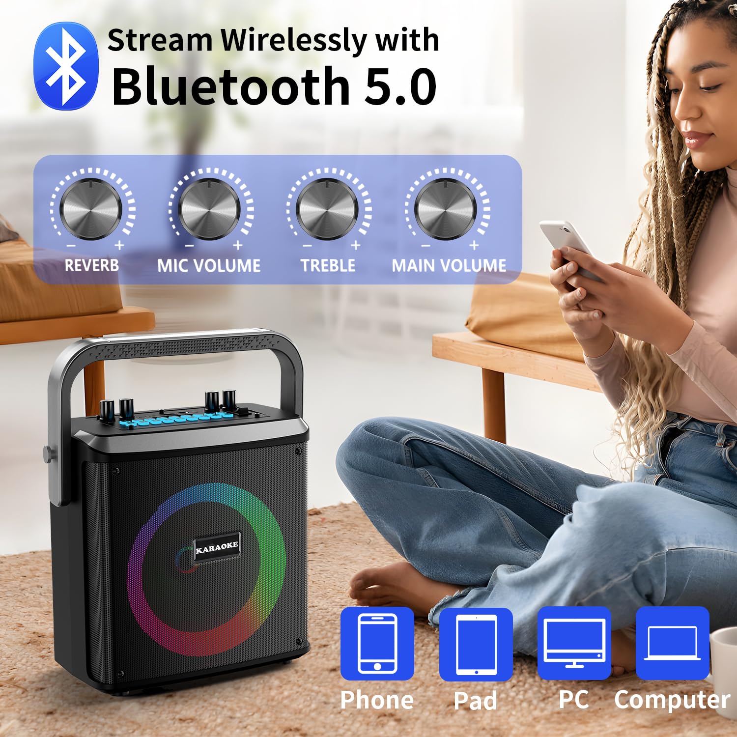 Portable Bluetooth Karaoke Machine with 2 Wireless Microphones - Party Speaker for Home, Outdoor, Camping & Garage (Perfect for Parties, Gatherings & Entertainment)