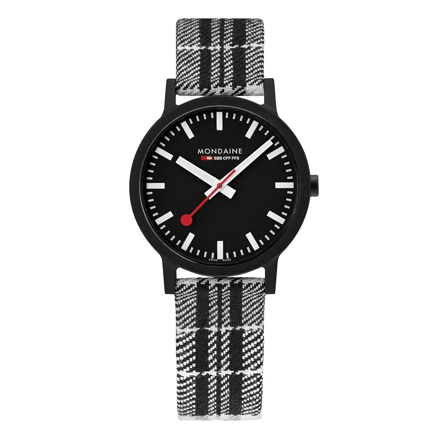 Mondaine Essence MS1.41120.LB Swiss Railway Men's Watch 41mm Black Recycled Textile Strap - Waterproof 30m, Sustainable & Eco-Friendly - Official Swiss Made Timepiece for Business, Travel & Everyday Wear