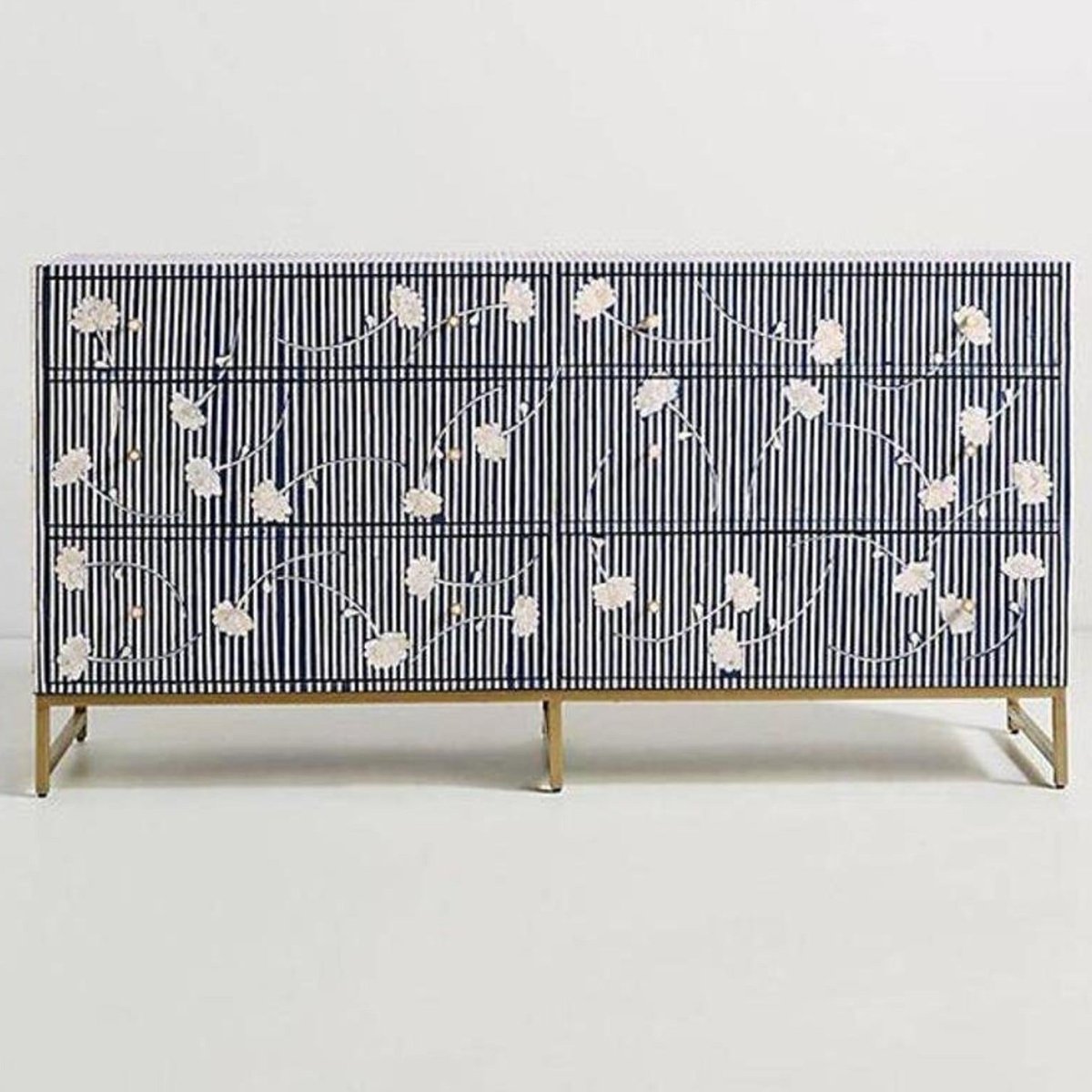Handmade Blue Bone Inlay Dresser with 6 Drawers - Floral Motif Design for Bedroom, Living Room & Home Decor