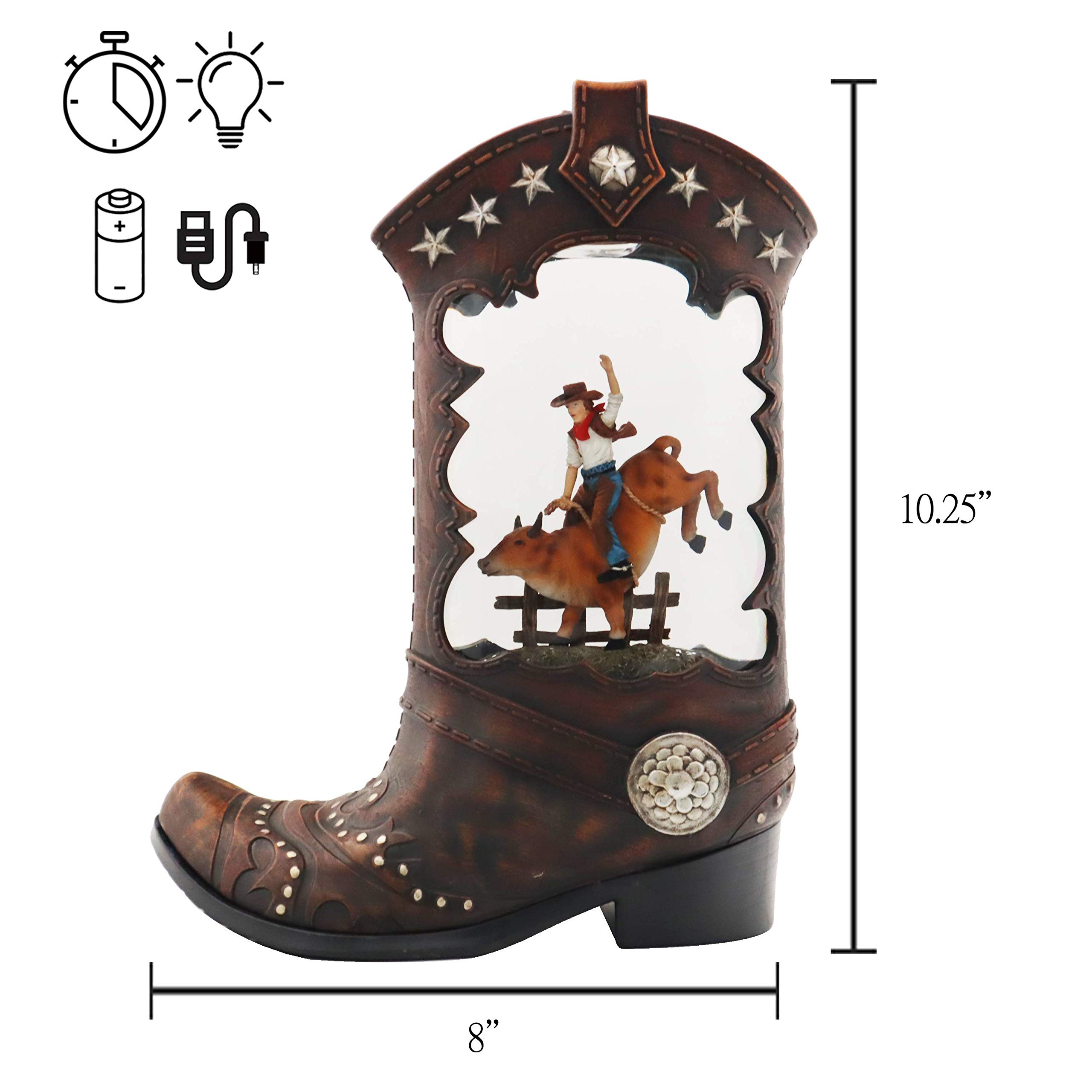 Victory Creative Cowboy in Boot Snow Globe Spinner - 10.25 Inch Battery Operated with Swirling Glitter, Timer & USB - Perfect for Western Home Decor, Christmas Gifts, and Office Desk Accessories
