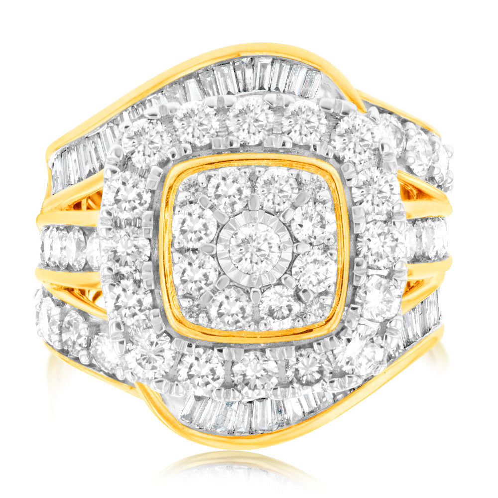 3 Carat Diamond Ring with Brilliant & Tapered Baguette Diamonds in 9K Yellow Gold - Elegant Engagement, Wedding & Anniversary Jewelry Gift for Women