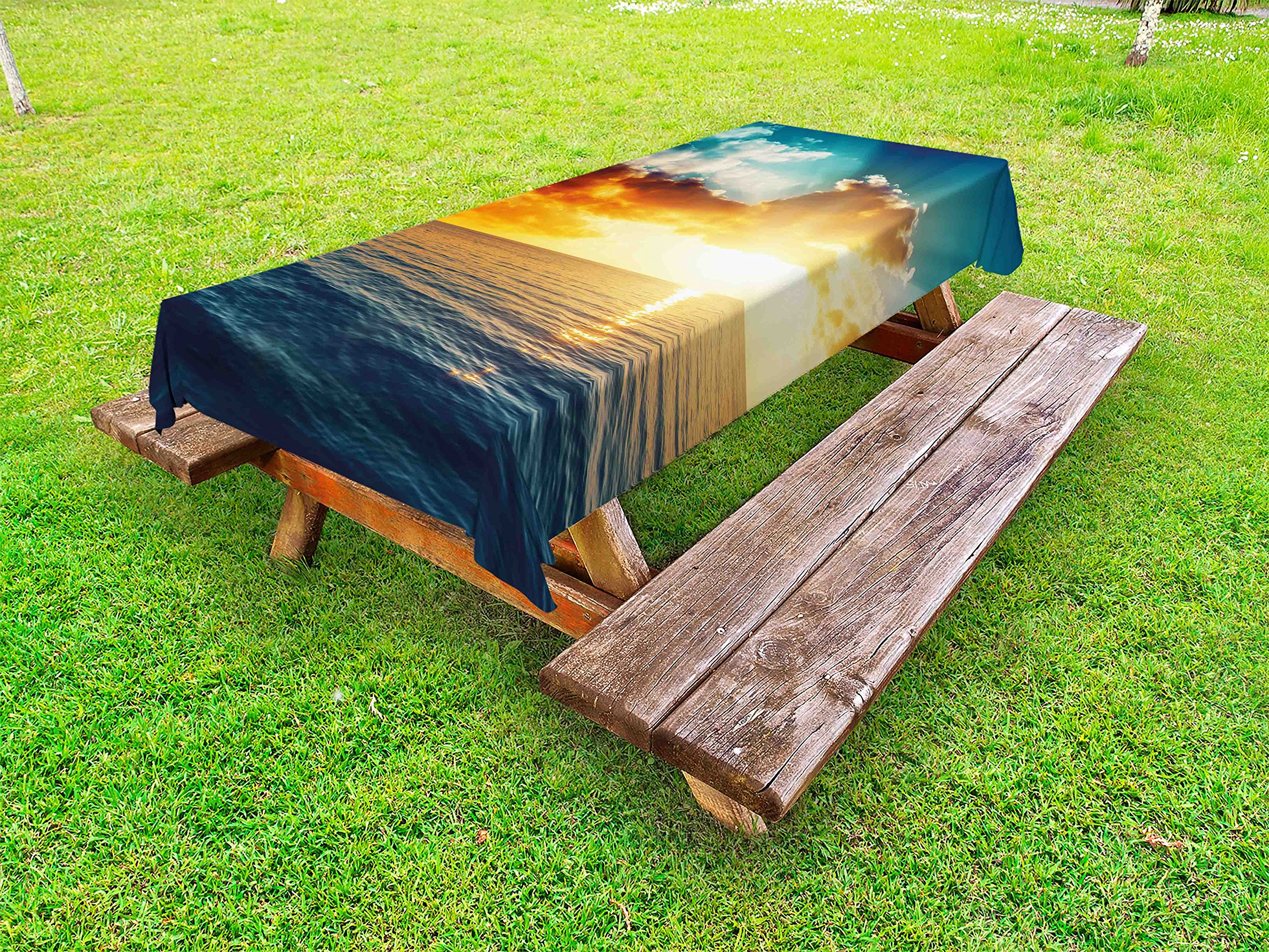 Ambesonne Sunset Outdoor Tablecloth - Waterproof Washable Picnic Table Cover 58x84 Inches, Yellow Blue Ocean Horizon Design for Patio, Beach, BBQ & Outdoor Dining Decor