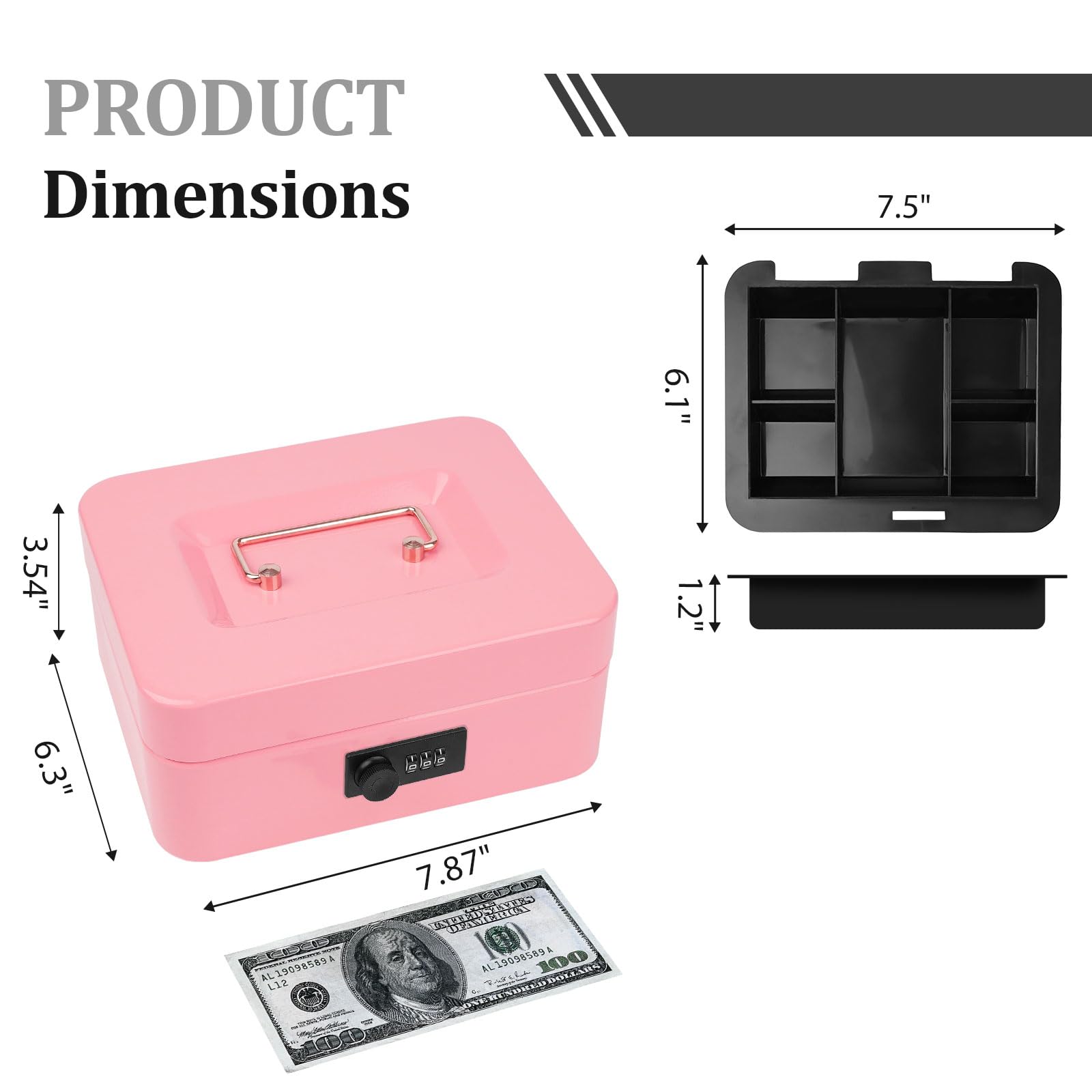 Medium Metal Cash Box with Combination Lock - Durable Money Saving Organizer with Money Tray, Security Lock Safe Box for Office, Small Business, Home & Retail (7.87 x 6.3 x 3.54 inches) - Perfect for Cash Management, Deposit Storage & Daily Transactions